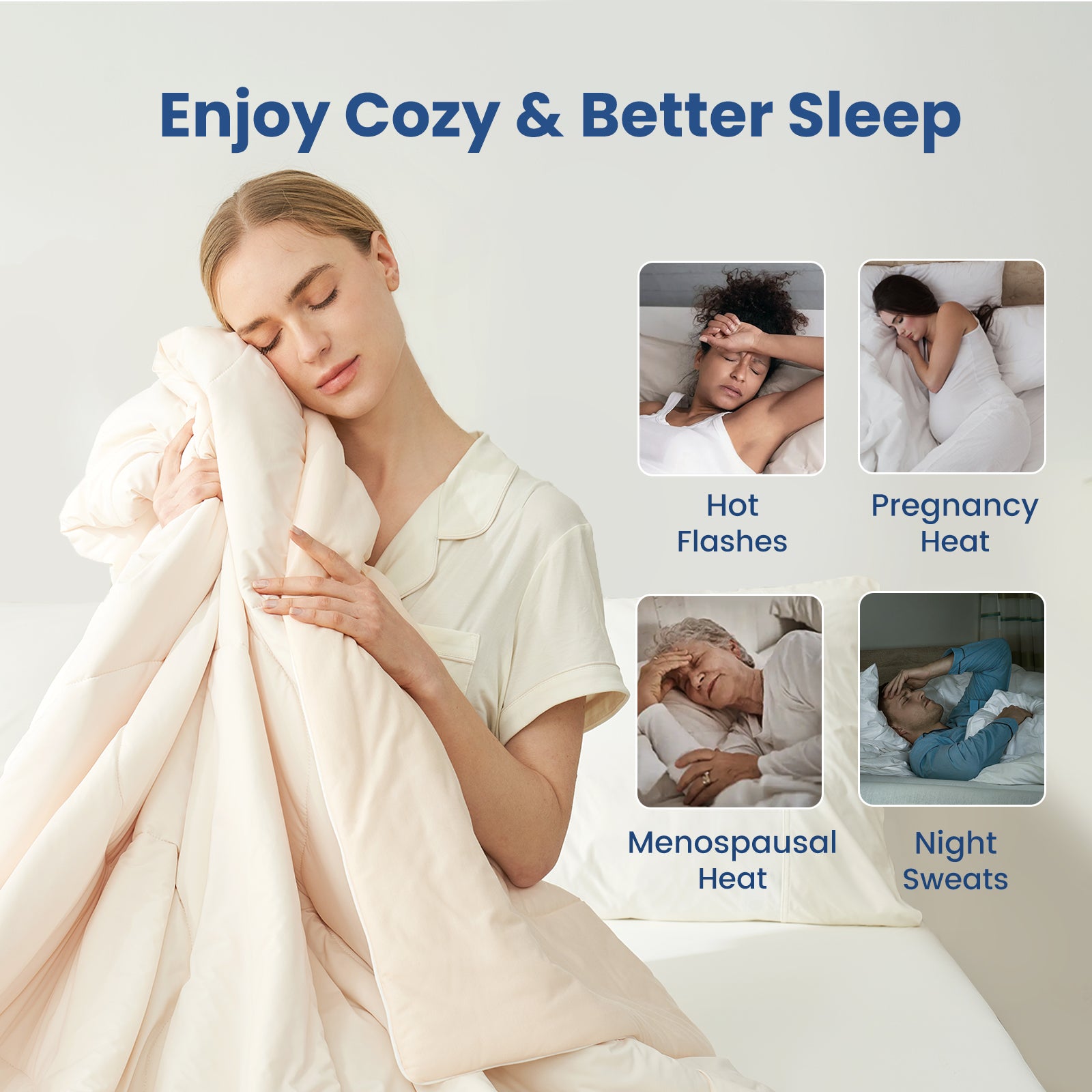 Cooling comforter for hot sleepers, woman enjoying soft breathable comfort with relief from night sweats and body heat.#Color_Ivory