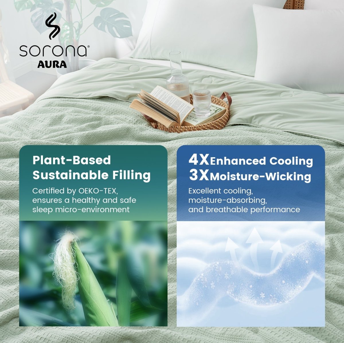 Sorona® cooling comforter on bed with plant-based sustainable filling, enhanced cooling and moisture-wicking breathable performance.#color_Sage Green