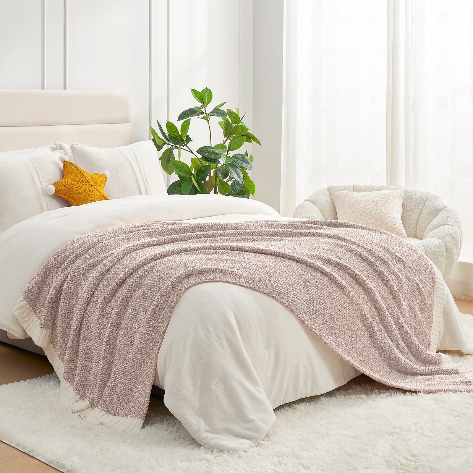 Heather Feather Yarn Throw Blanket in brown styled on a bed, enhancing bedroom decor with a soft, elegant and cozy layered look. #Color_Light Brown