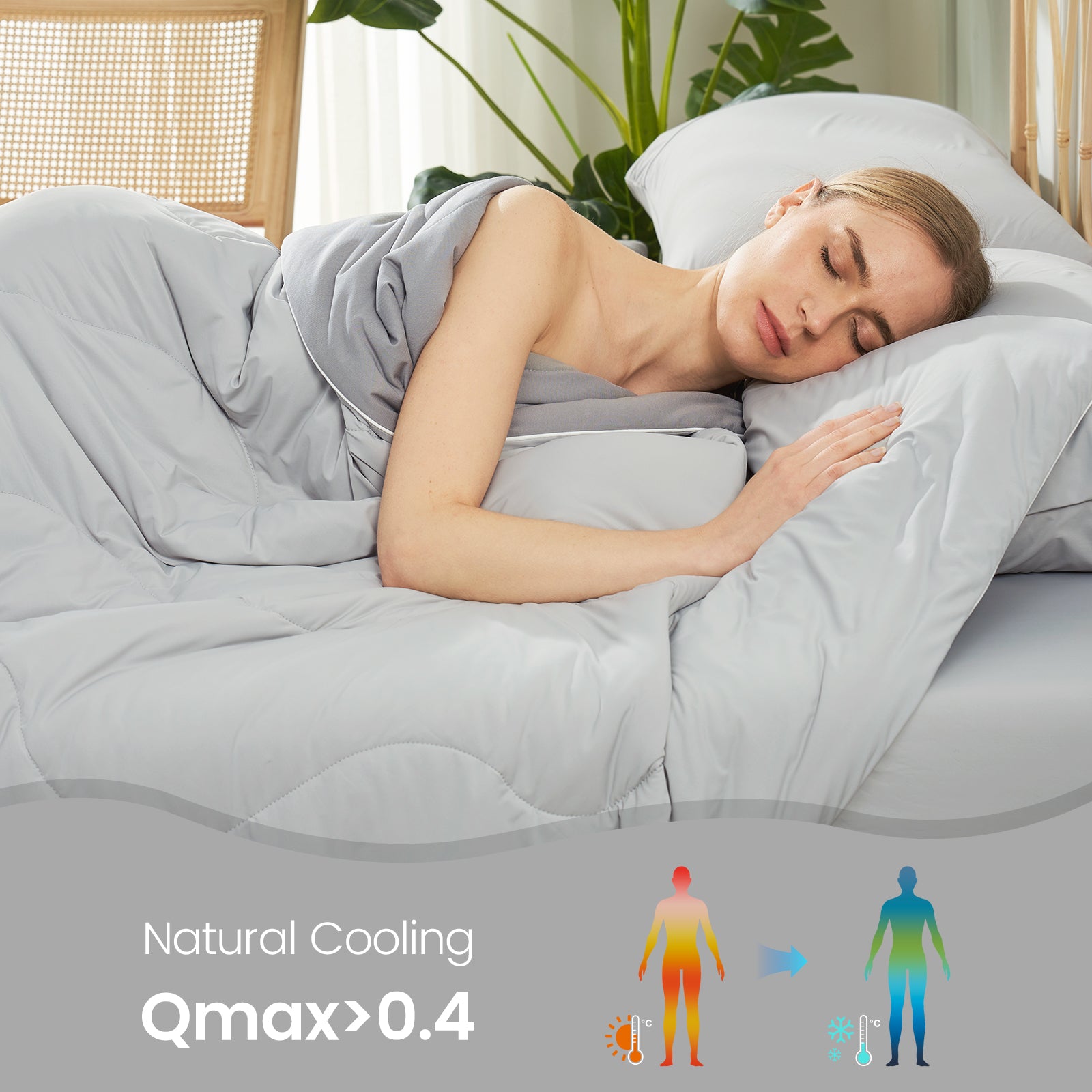 Woman sleeping under a gray cooling blanket. Natural cooling with Qmax>0.4 for sweat-free comfort. #color_Cool Grey