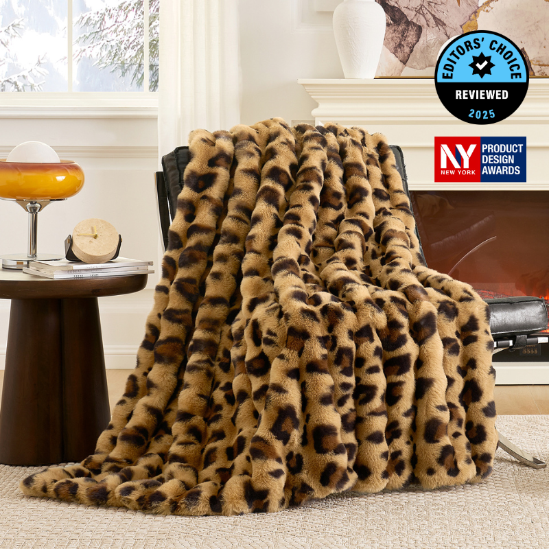 Cozy Bliss Luxurious Bubble Faux Fur Throw Blanket in brown leopard front view #color_Brown Leopard
