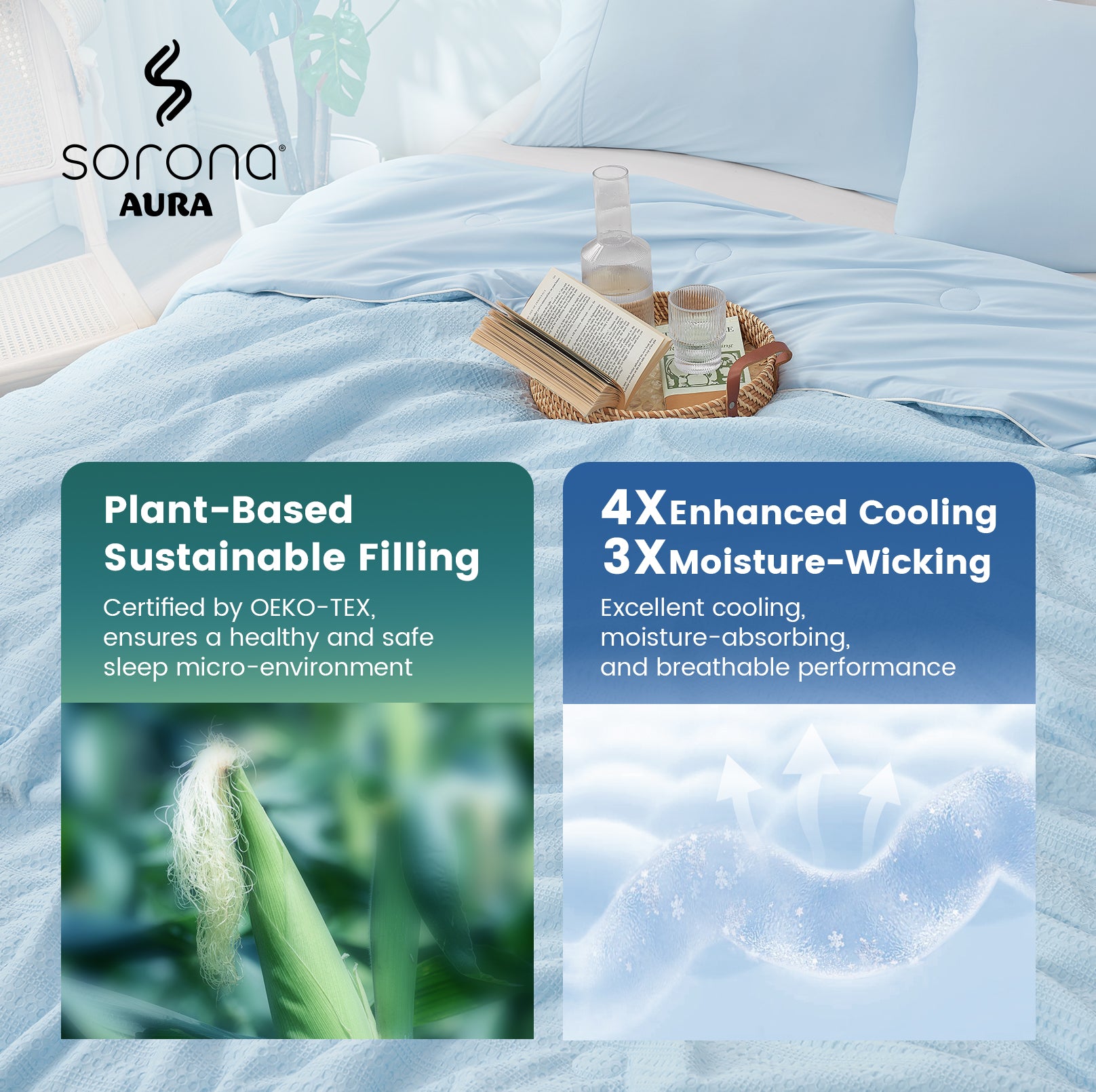 Sorona® cooling comforter on bed with plant-based sustainable filling, enhanced cooling and moisture-wicking breathable performance.#color_Blue