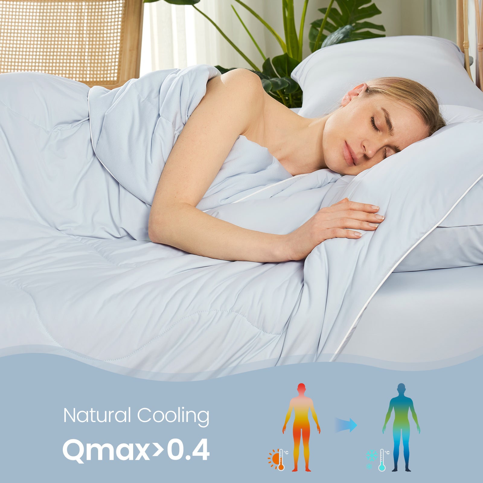 Woman sleeping under a Cozy Bliss cooling comforter, Qmax > 0.4, natural cooling #color_Cool Blue