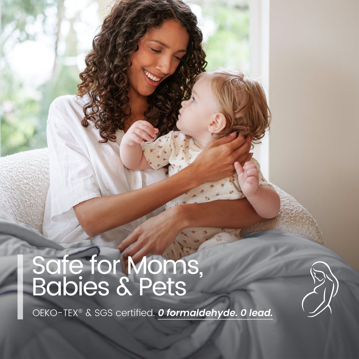Woman sitting on a couch with a baby, with text about product safety for moms, babies, and pets.#color_Light Grey