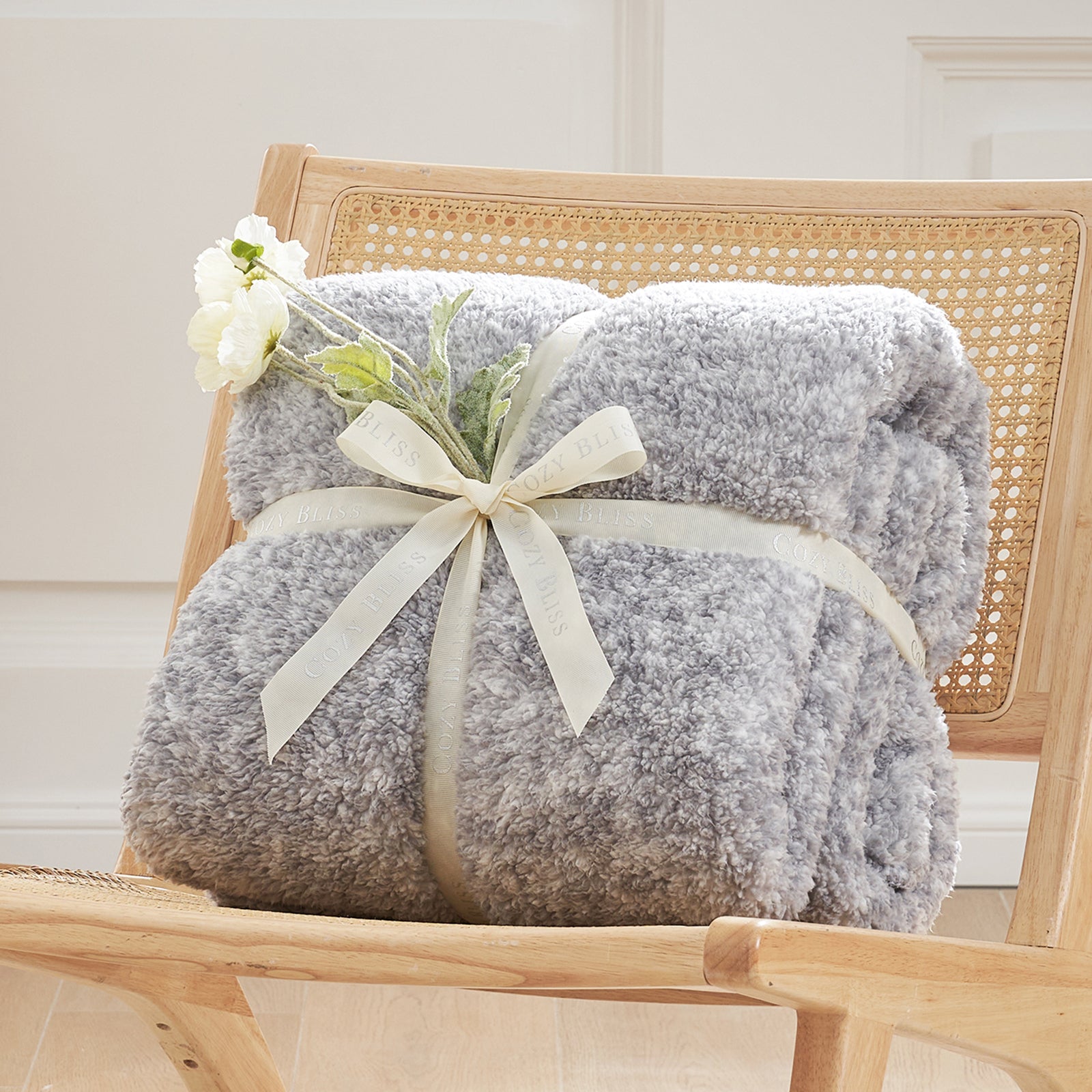 Cozy Bliss gray sherpa throw blanket, soft plush fleece and decorative ribbon, home decor. #color_ Mottled Grey
