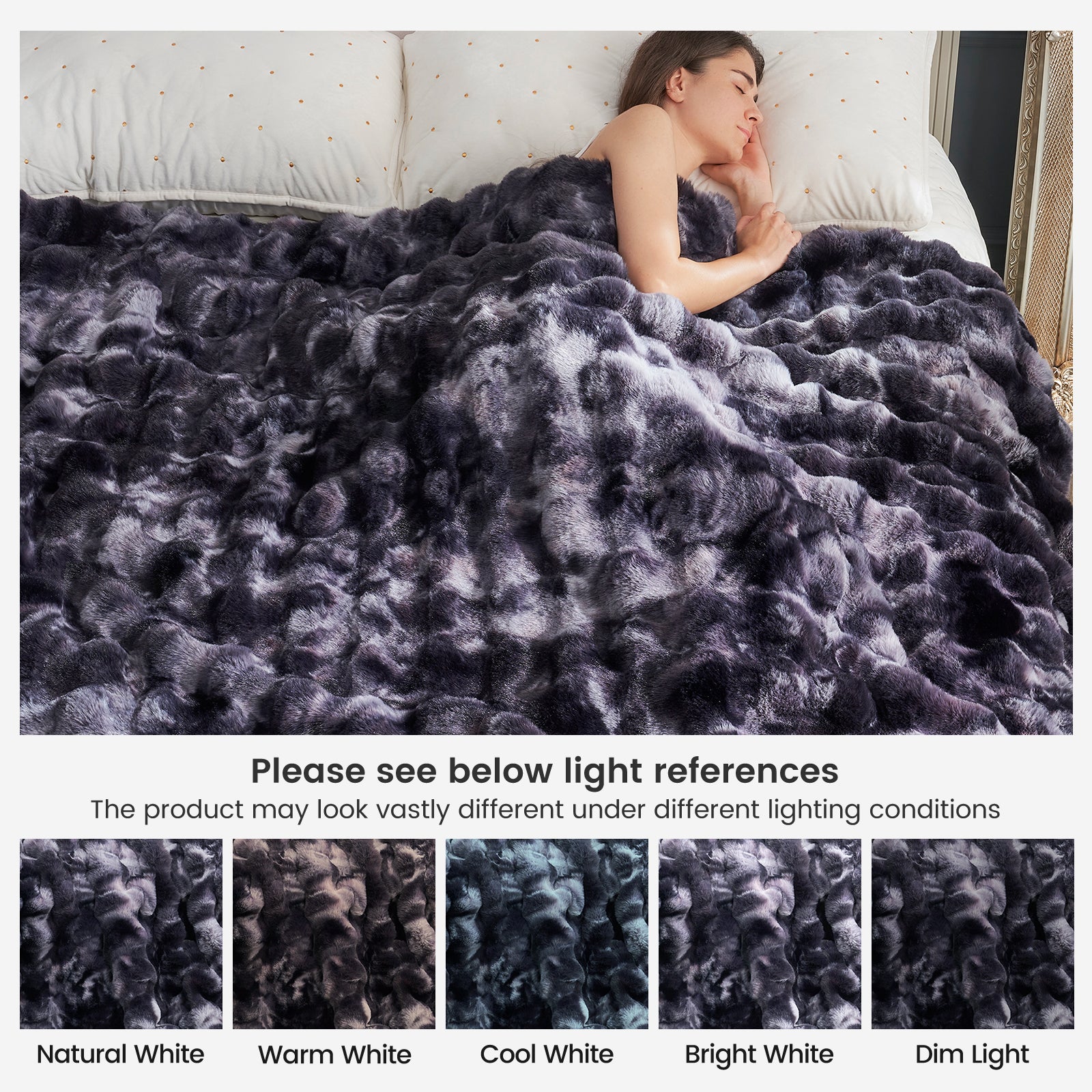 Cozy Bliss gray tie-dye faux fur throw blanket, a soft and cozy blanket, with lighting variations #color_Tie-dye Black