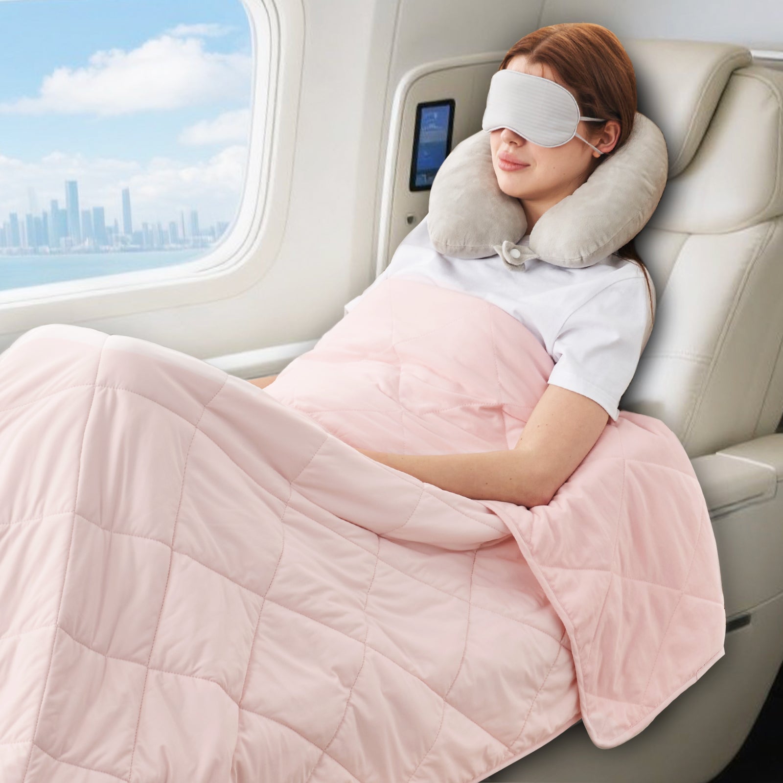 Woman wearing sleep mask resting peacefully on airplane seat with cool pink cooling blanket, soft breathable travel comfort. #color_Cool Pink