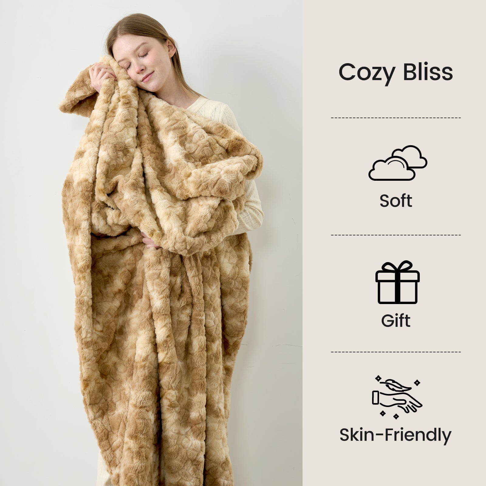 Woman wrapped in a plush blanket with 'Cozy Bliss' features listed on the right.#color_Tie-dye Khaki
