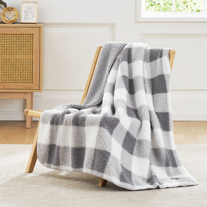 Gray and white checkered sherpa throw blanket draped over a wooden chair, a cozy blanket #color_Buffalo Plaid-grey