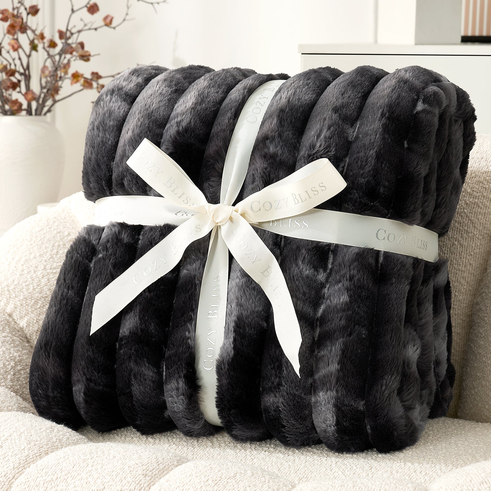 Striped Faux Fur Throw Blanket