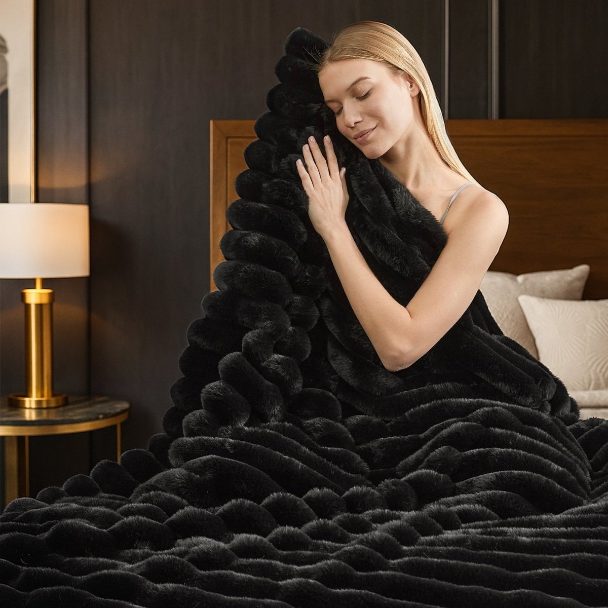 Woman relaxing on a bed with Cozy Bliss black striped faux fur blanket, cozy bedding and soft blanket. #color_Black