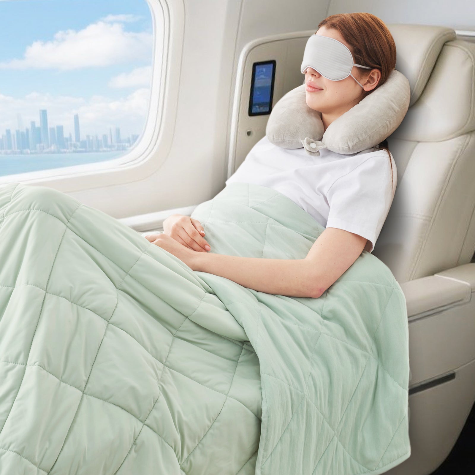 Woman sleeping on an airplane with a neck pillow and blanket, cityscape visible through window.#color_Mint Green