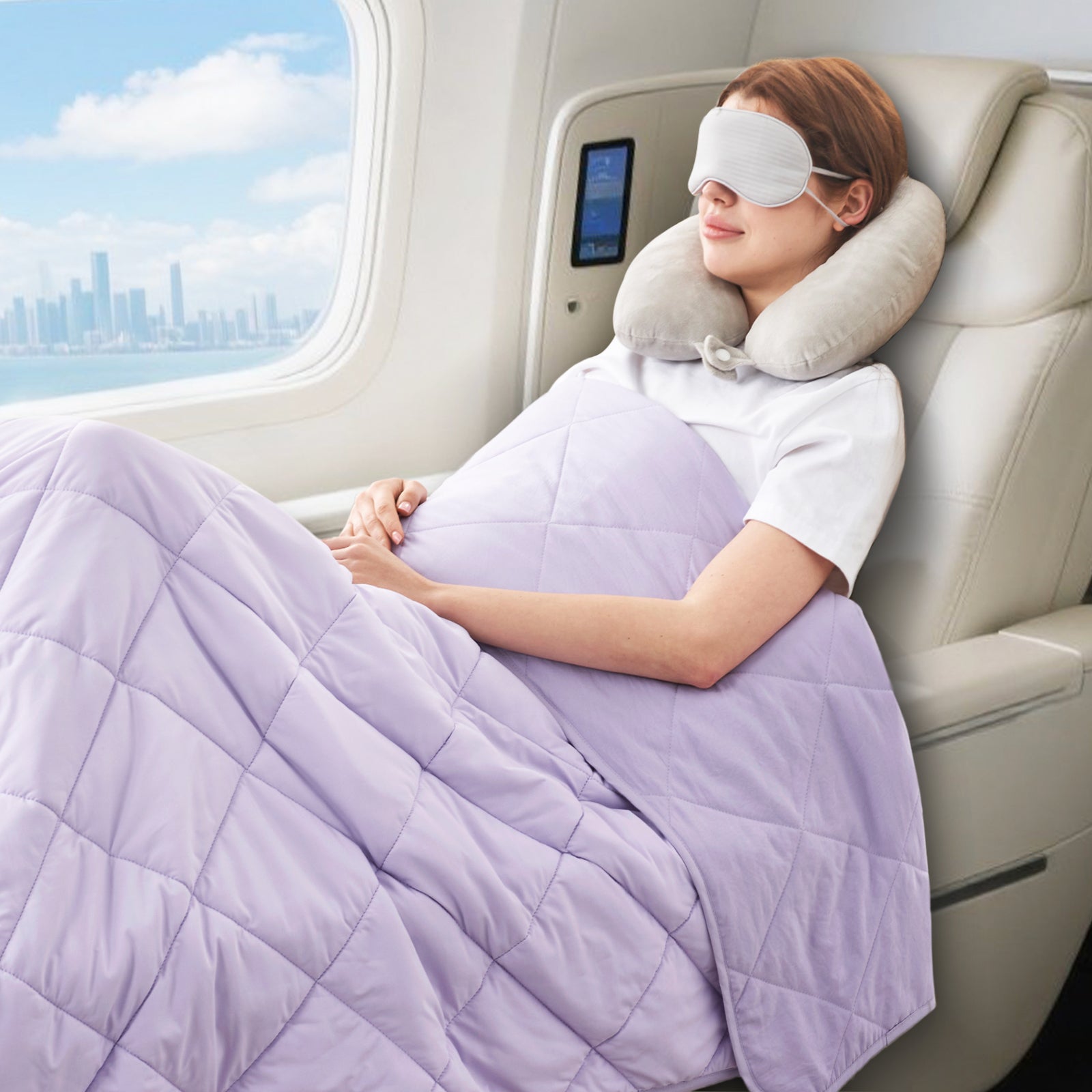 Woman wearing sleep mask resting peacefully on airplane seat with purple cooling blanket, soft breathable travel comfort.#color_Purple