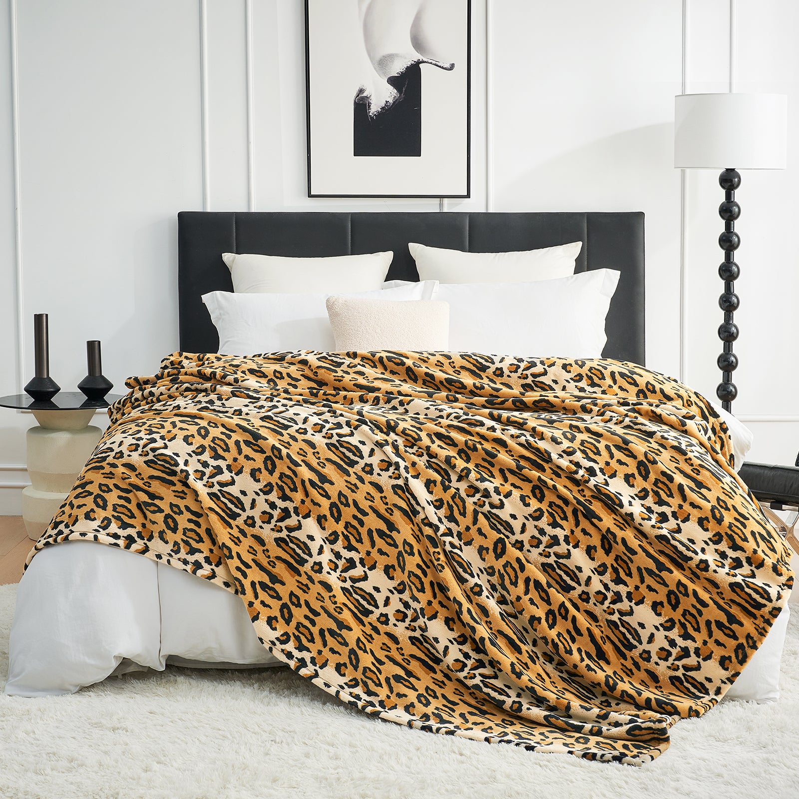 Leopard print blanket on a bed, premium cozy bedding by Cozy Bliss #color_Brown Leopard