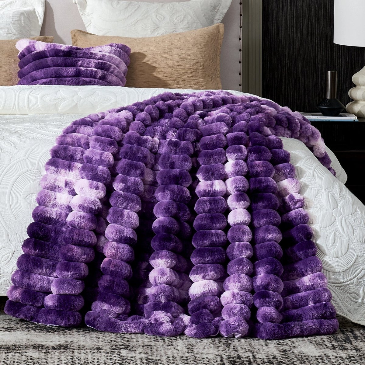 Cozy Bliss Ultra Chunky Striped Faux Fur Throw Blanket in tie-dye purple front view #color_Tie-dye Purple