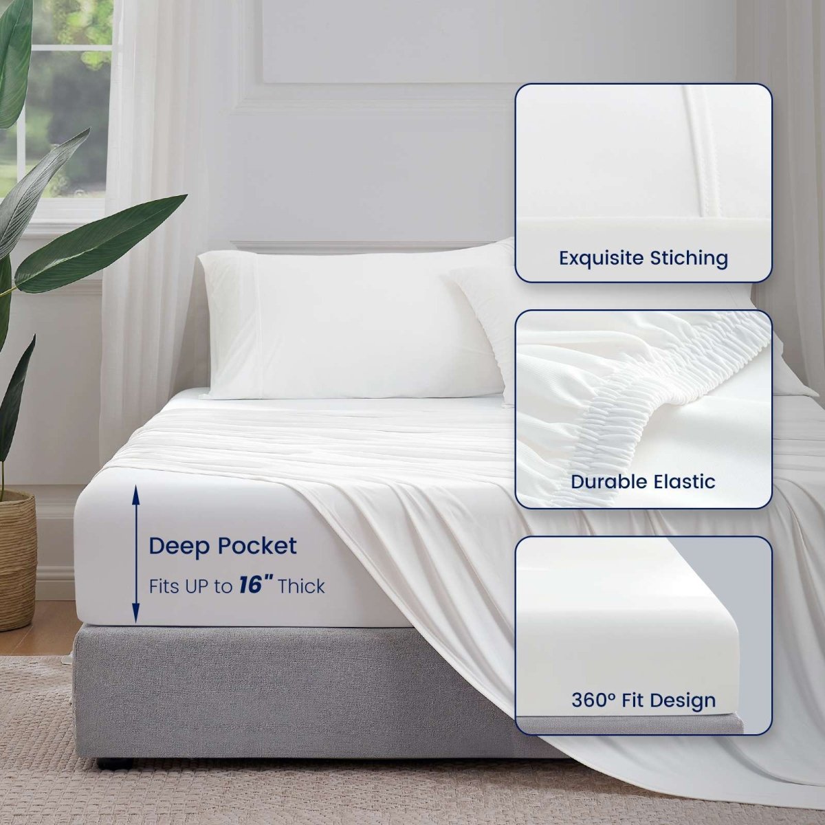 Cozy Bliss Outlast® Performance Cooling Sheet Set fitted on a mattress, highlighting deep pockets up to 16 inches and a 360-degree fit. #color_Off White