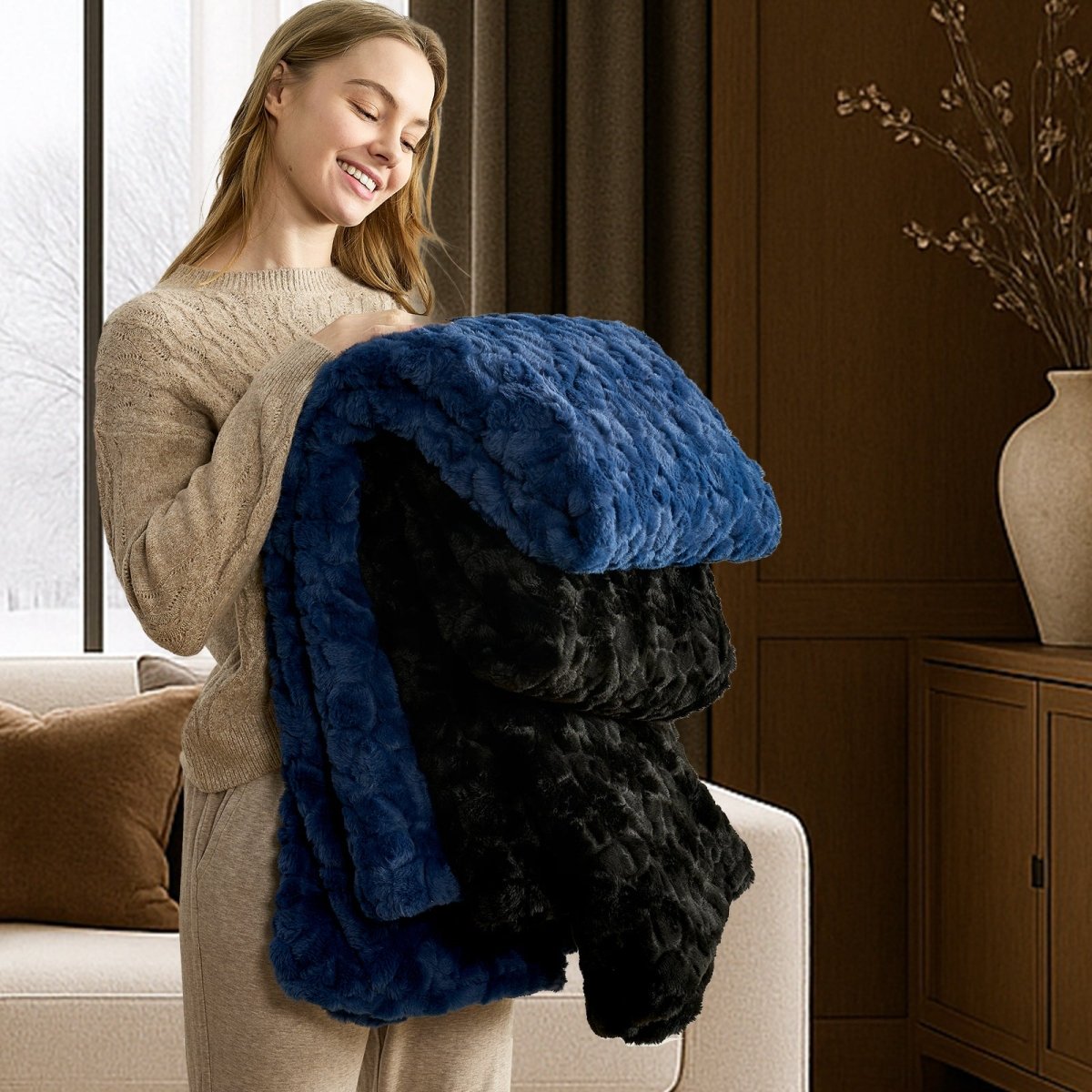 Cozy Bliss reversible faux fur throw blanket folded to display softness #color_Navy Blue