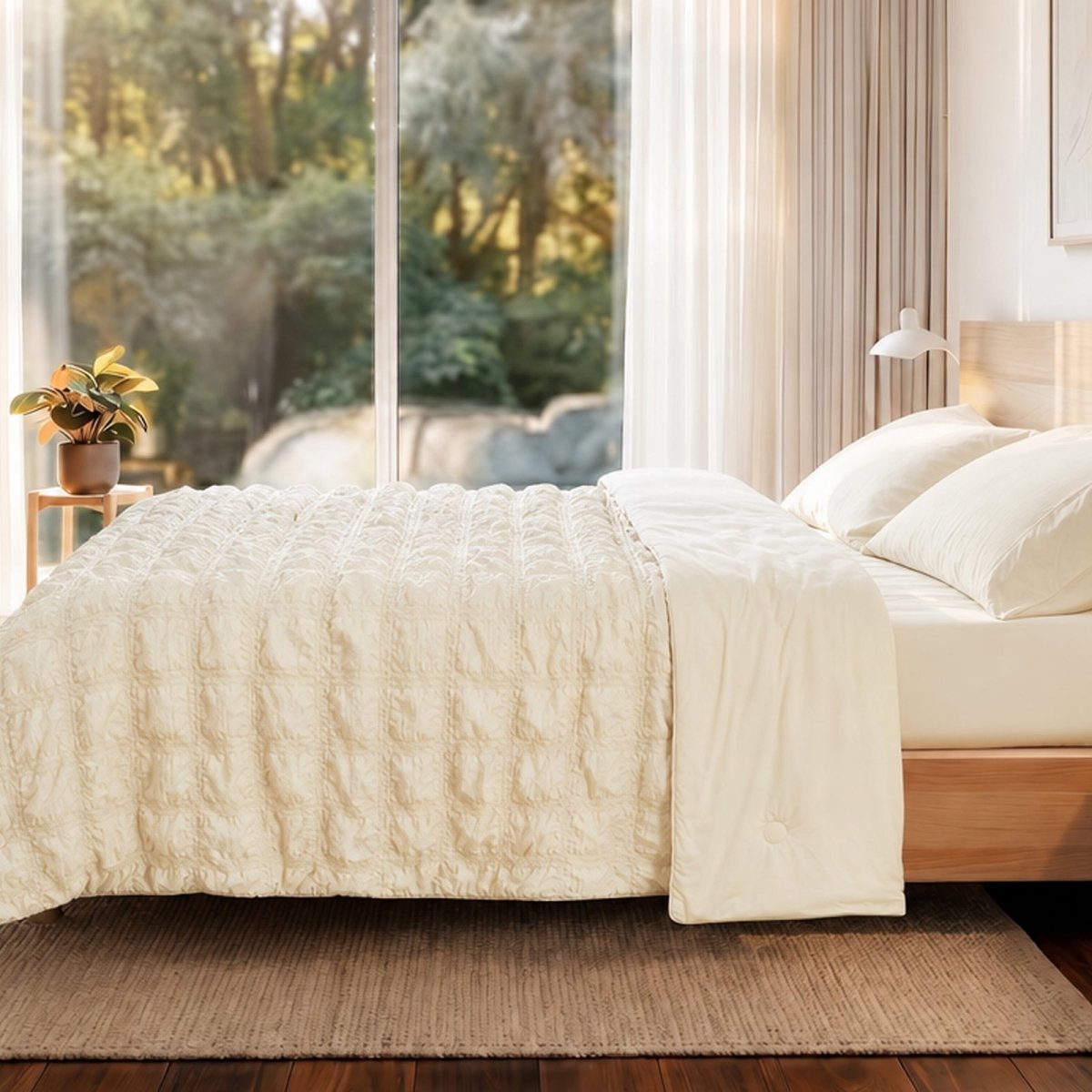 Cozy Bliss lightweight seersucker cooling comforter in side view, perfect for hot sleepers.#color_Beige