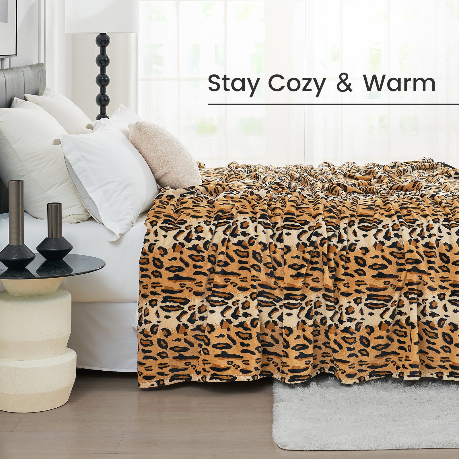 Cozy Leopard Print Blanket on Bed, Stay Cozy & Warm #color_Brown Leopard