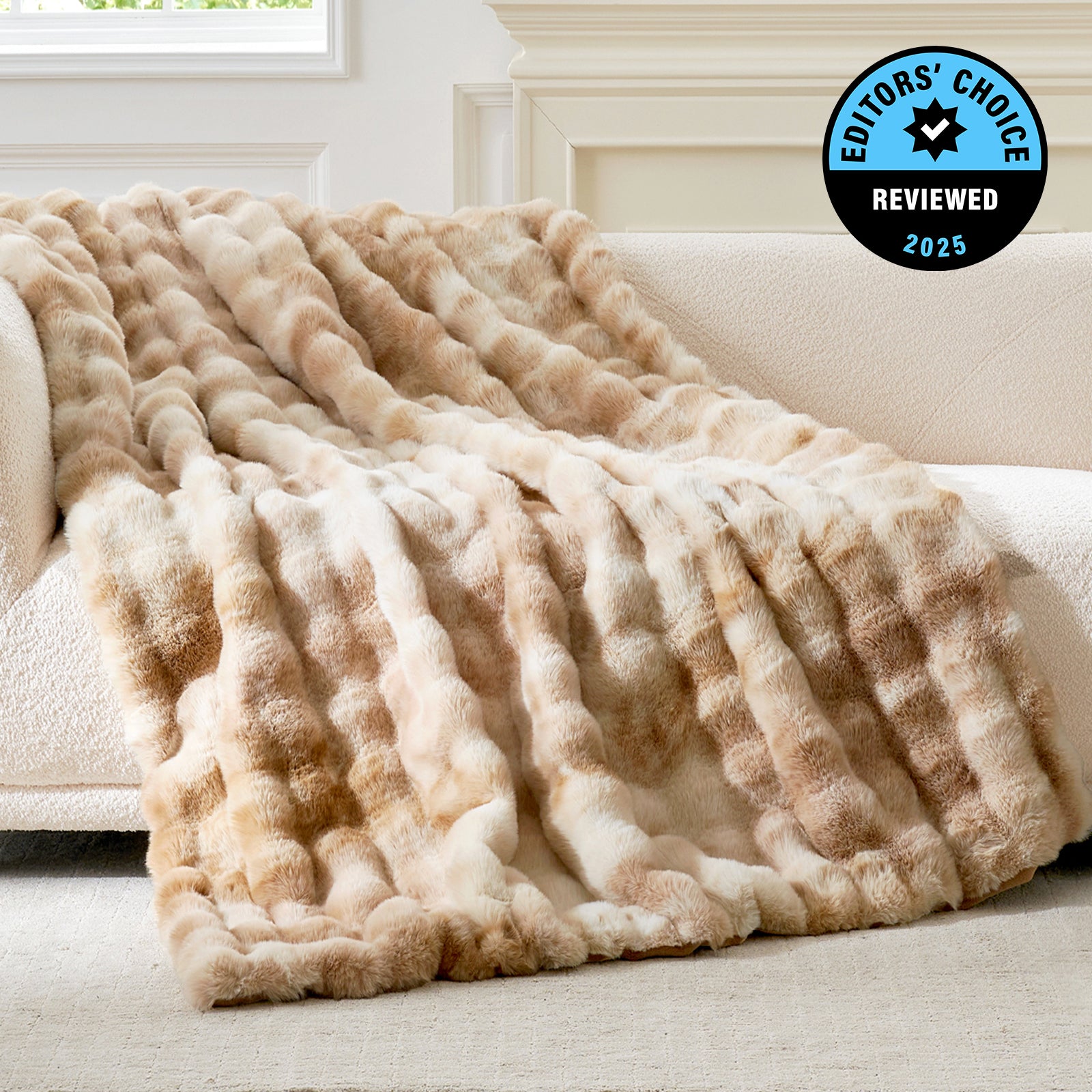 Cozy Bliss Luxurious Bubble Faux Fur Throw Blanket in tie-dye beige front view. #Color_Tie-dye Beige