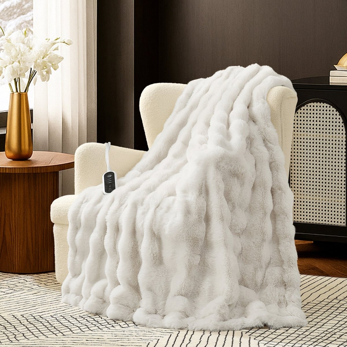 COZY BLISS Bubble Faux Fur Electric Blanket in white front view #color_Cream White