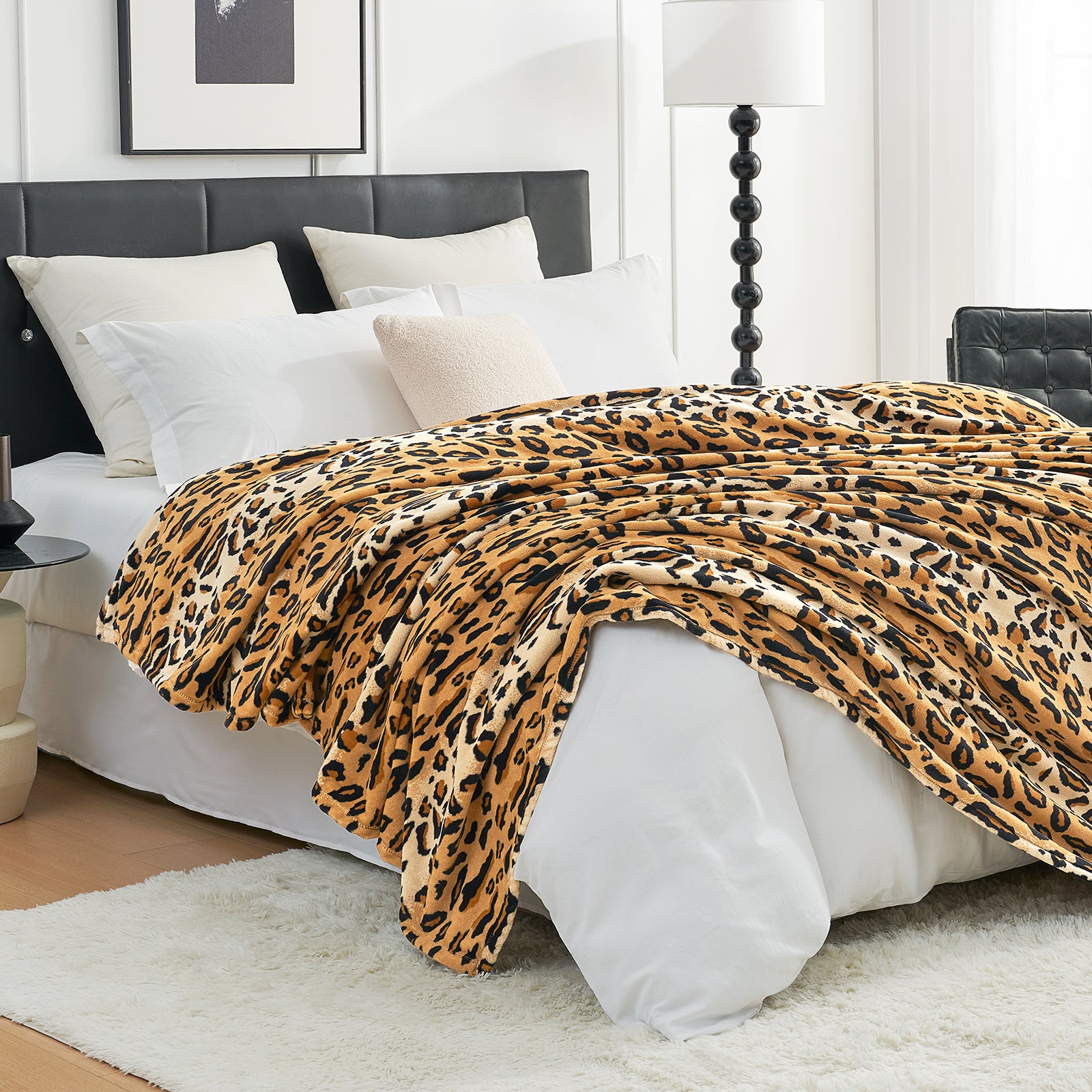 Leopard print blanket on a bed, Cozy Bliss premium cozy bedding #color_Brown Leopard