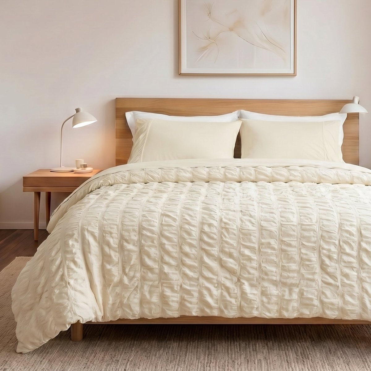 Cozy Bliss seersucker cooling comforter in front view.#color_Beige