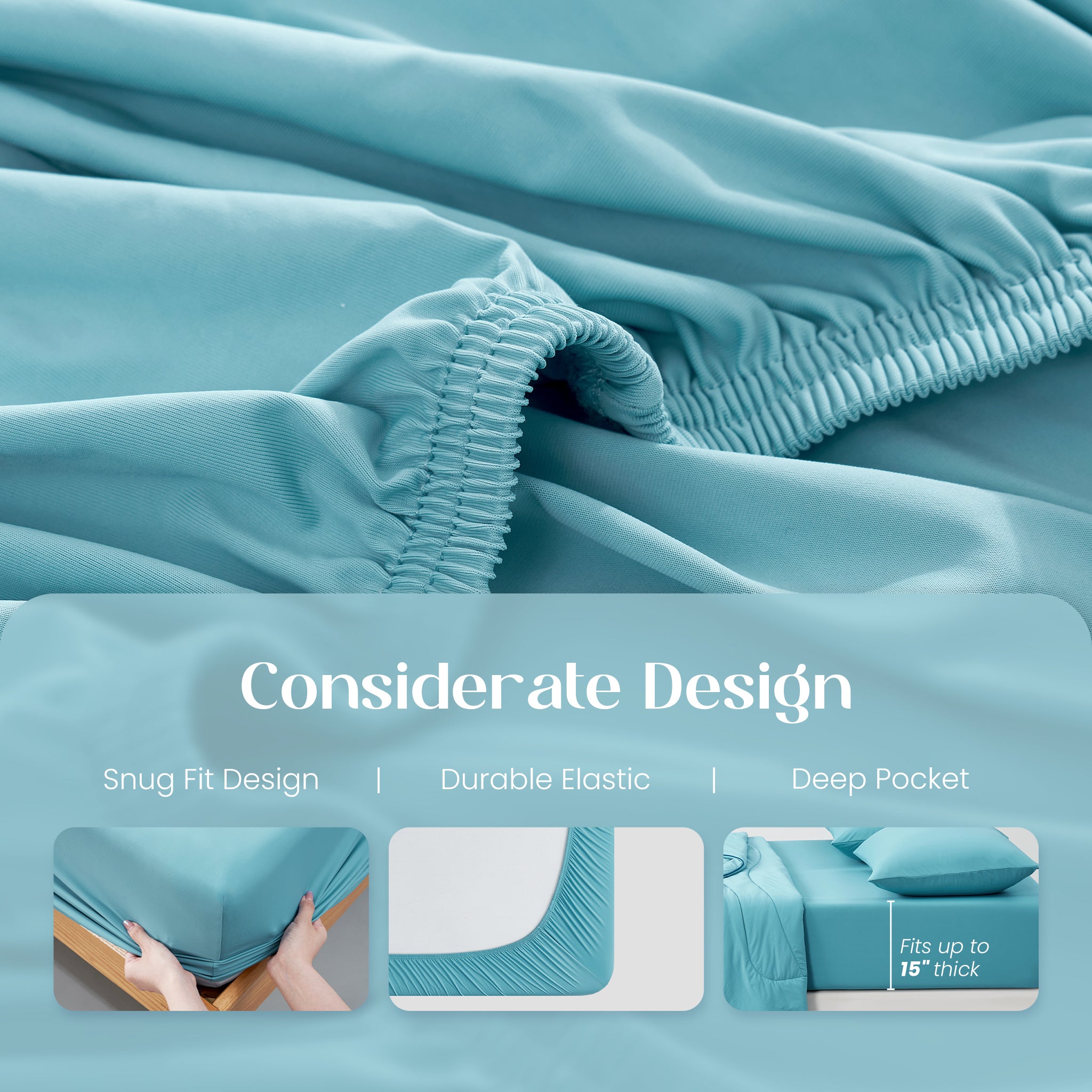 Blue fitted sheet with text highlighting snug fit, durable elastic and deep pocket design.#color_Dream Blue