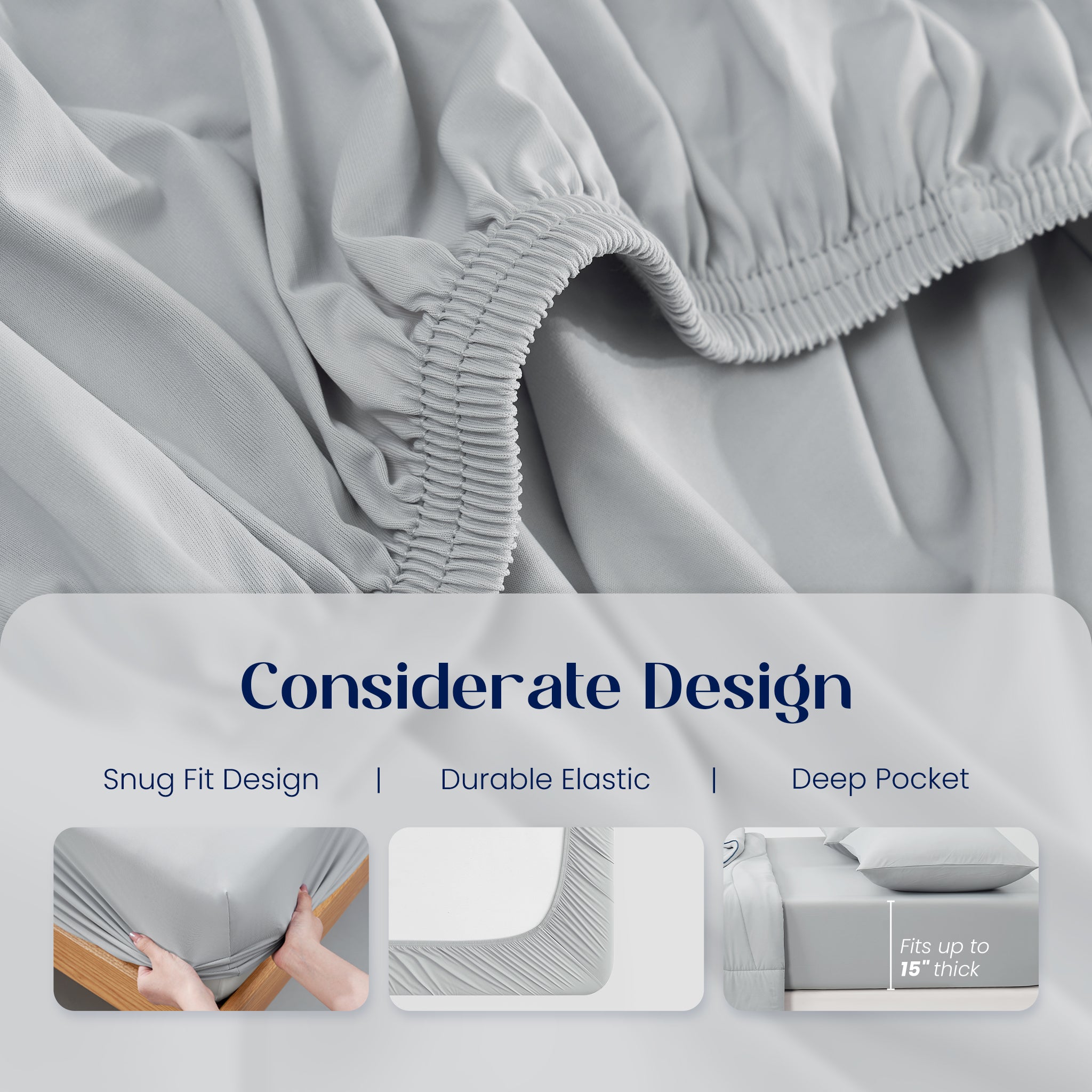 Gray fitted sheet with text highlighting snug fit, durable elastic and deep pocket design.#color_Cool Grey