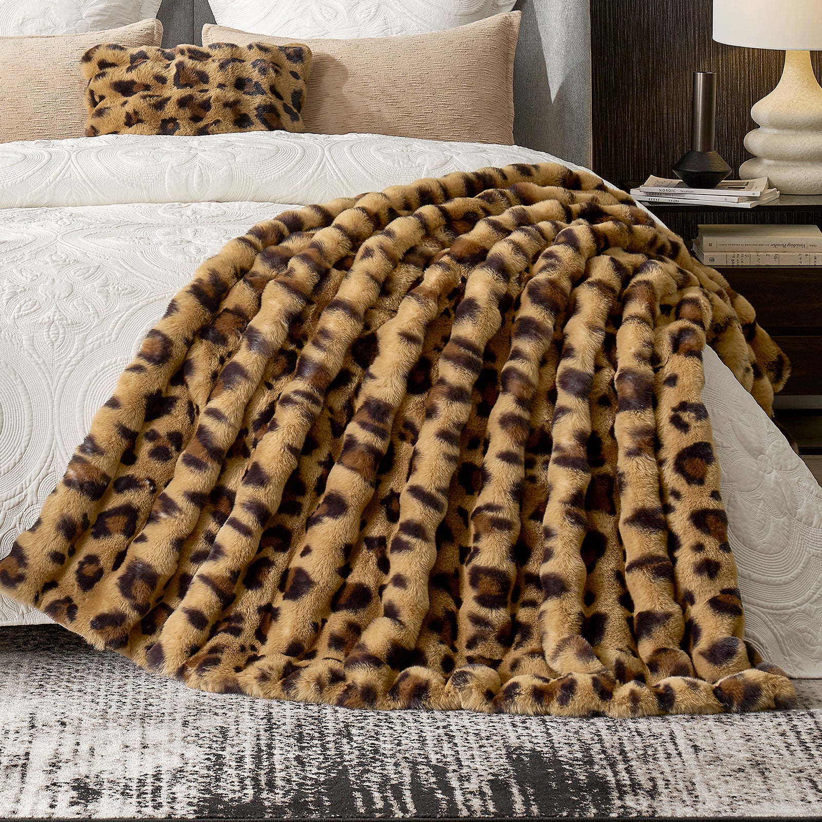 Brown leopard faux fur throw blanket on bed. Cozy and soft blanket for bedroom comfort #color_Brown Leopard