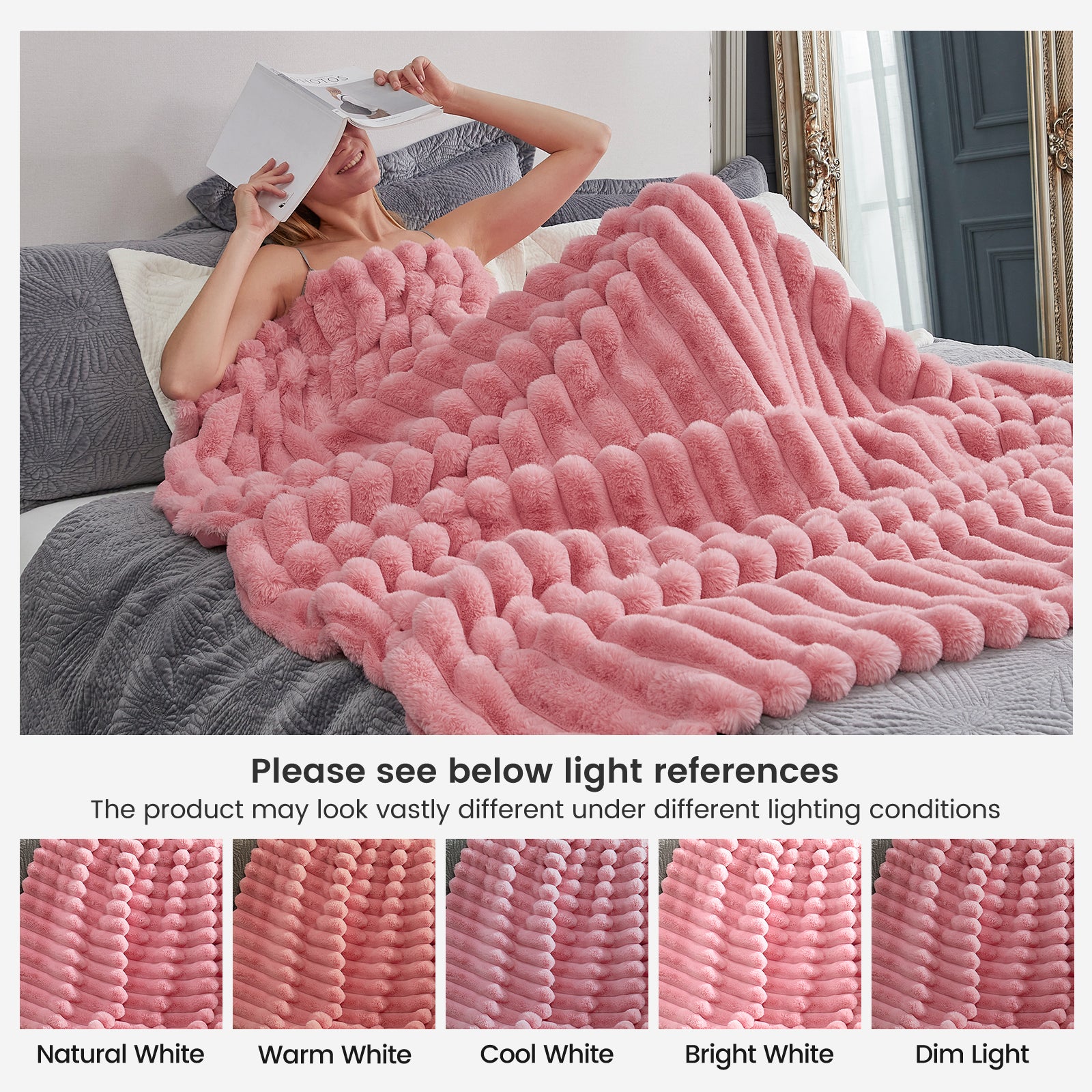 Cozy Bliss pink striped faux fur blanket with woman, showing different lights. Soft, cozy bedding. #color_Hot Pink