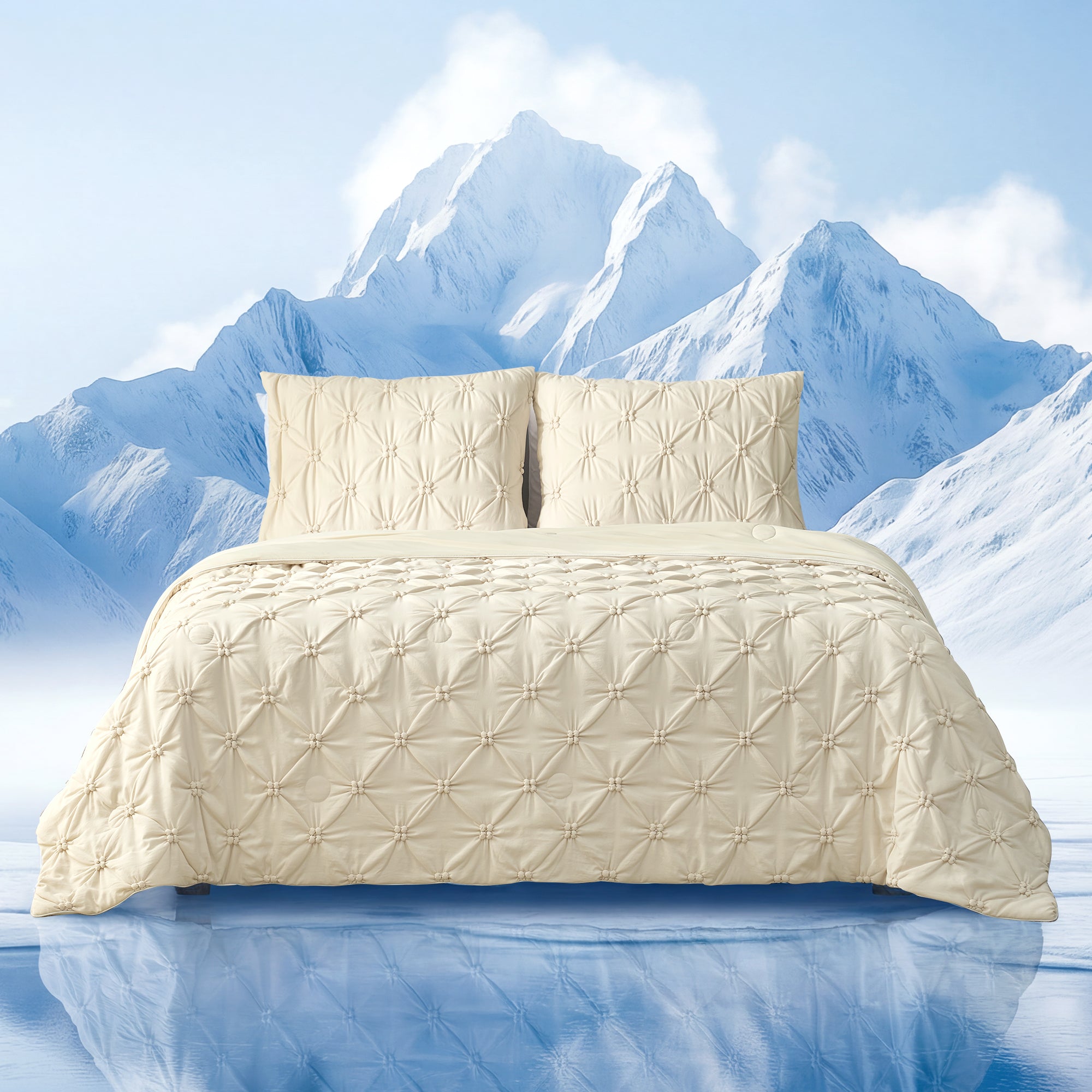 Cozy Bliss Beige Pintuck Cooling Comforter front view. #Color_Pink #Color_Beige