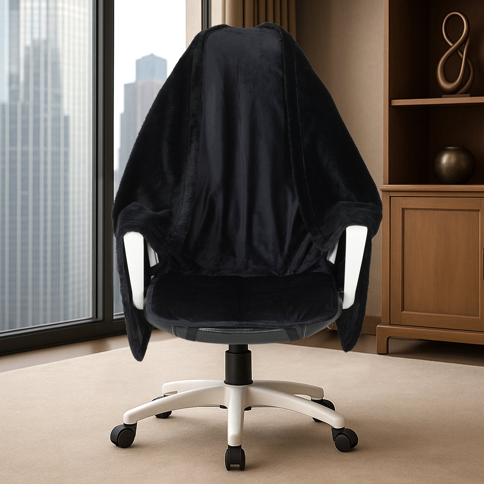 Black office chair with a cover in a room with large windows and wooden furniture. #color_Black