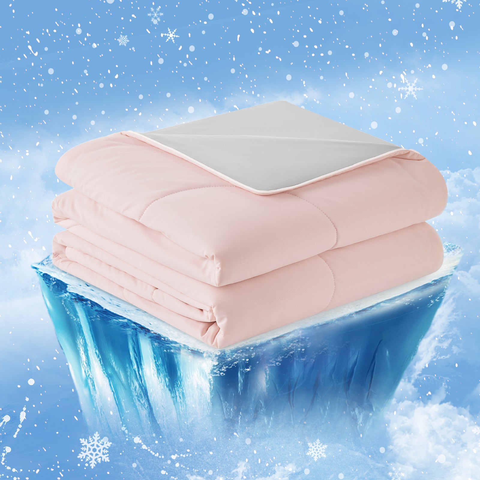 Cozy Bliss pink cooling comforter, breathable, for hot sleepers, atop an iceberg, with a cool, soft design. #Color_Pink/Grey