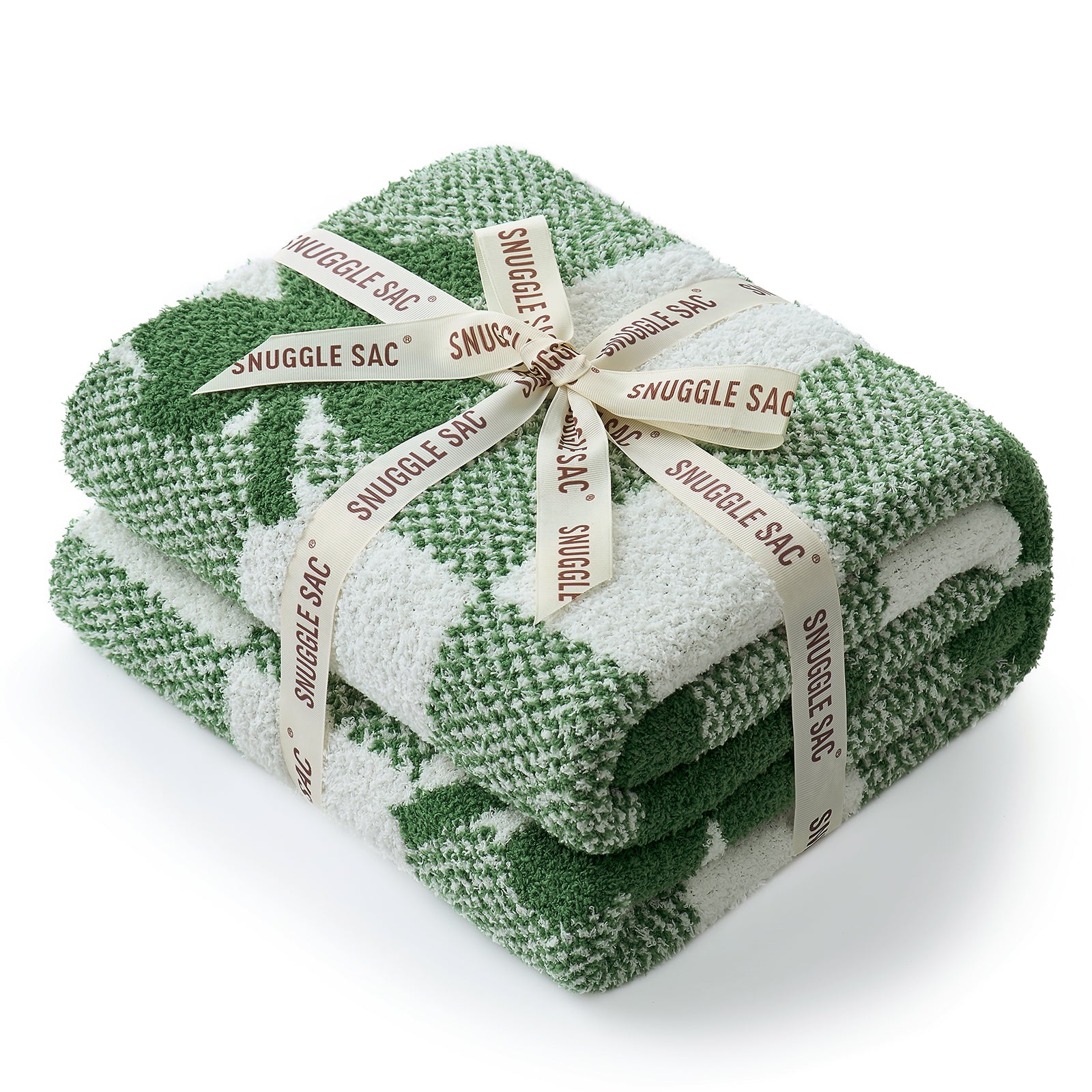 Green and white Snuggle Sac blanket with a decorative bow on a white background #color_Xmas Green