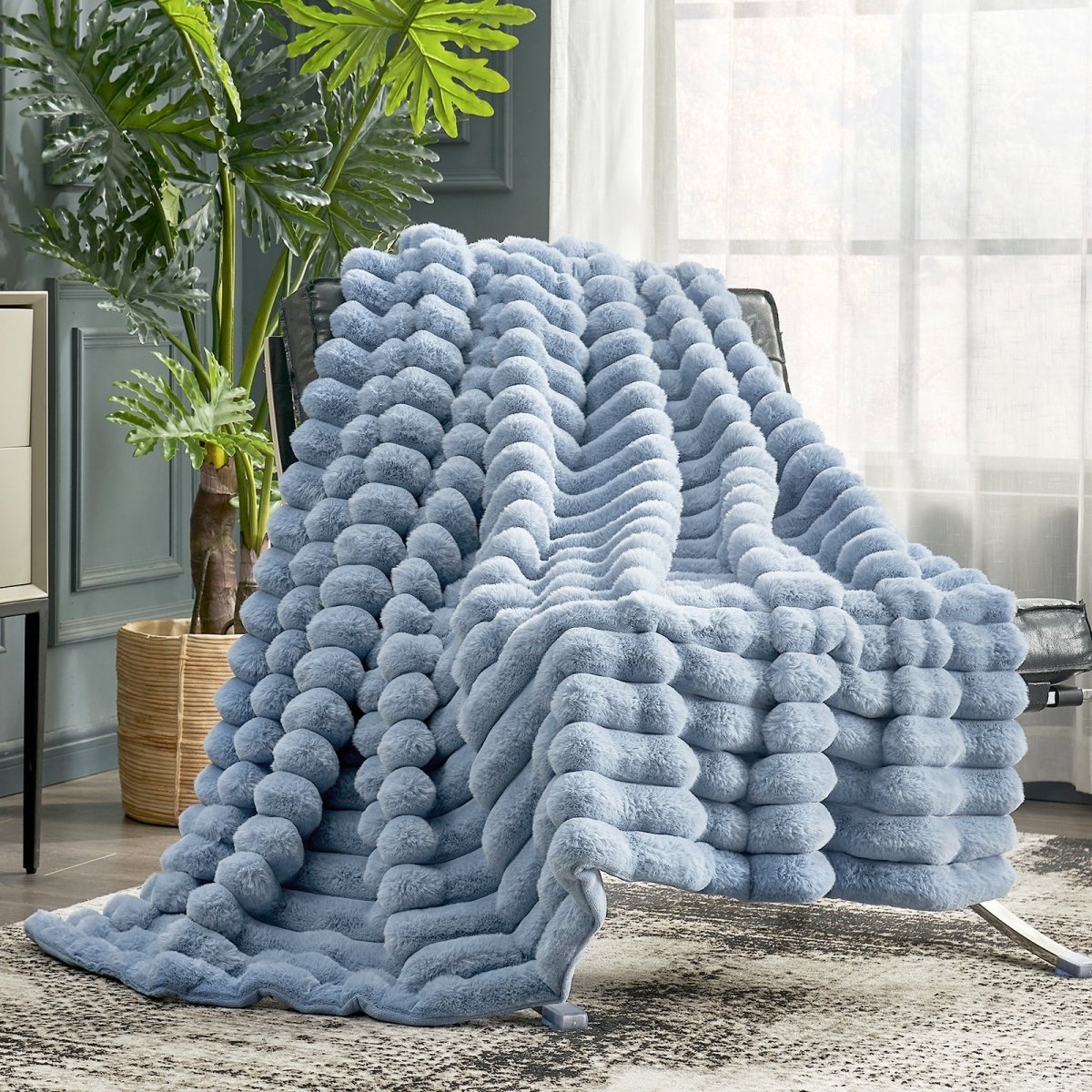 Cozy Bliss Ultra Chunky Striped Faux Fur Throw Blanket in Misty Blue front view. #color_Misty Blue