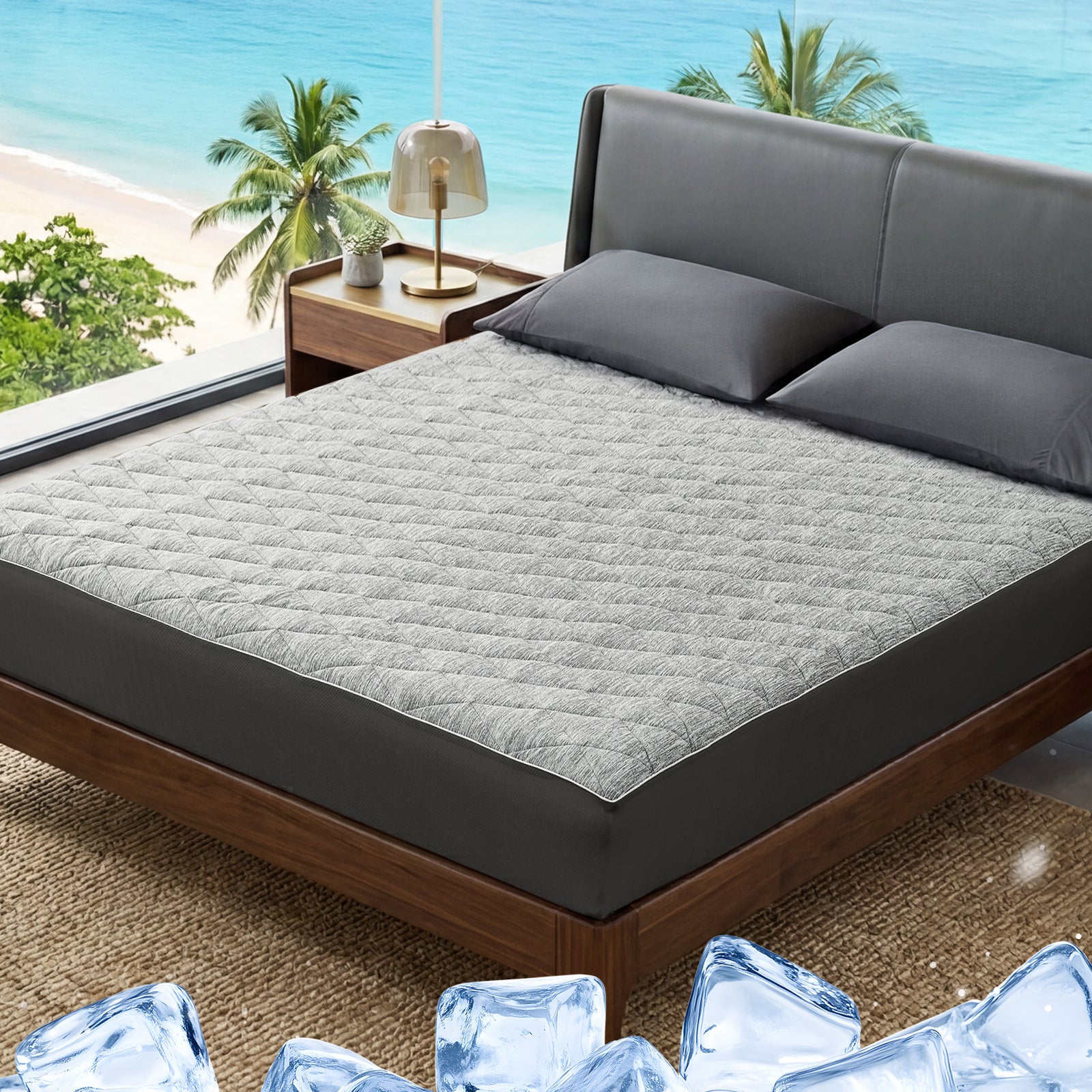 Gray mattress cover on a bed with a beach view in the background #color_Grey