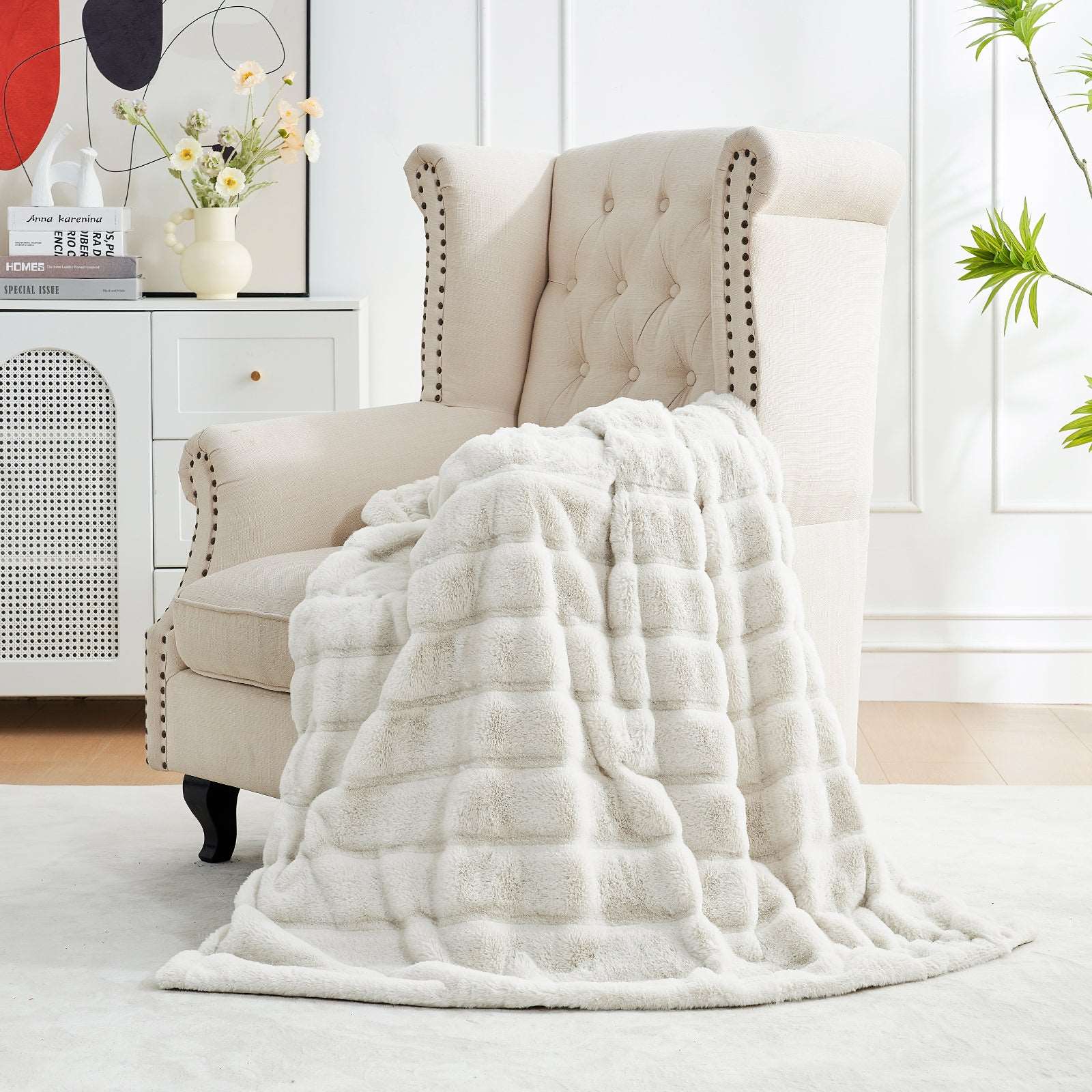 Cream faux fur throw blanket on beige armchair, CozyBliss soft blanket, cozy bedding for home #color_Beige