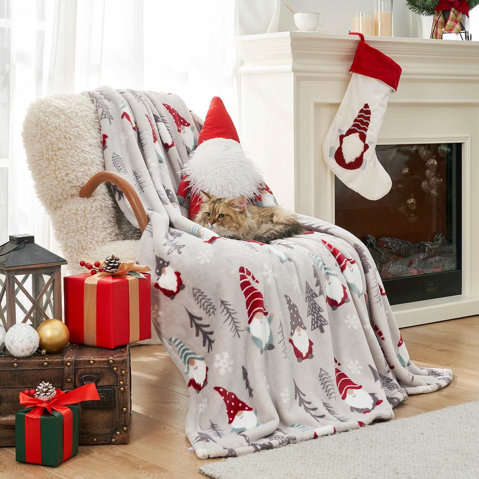 Gnomes MilkyPlush throw blanket on chair with cat. Soft, cozy, and perfect for holiday gifting. #color_ Classic Gnome