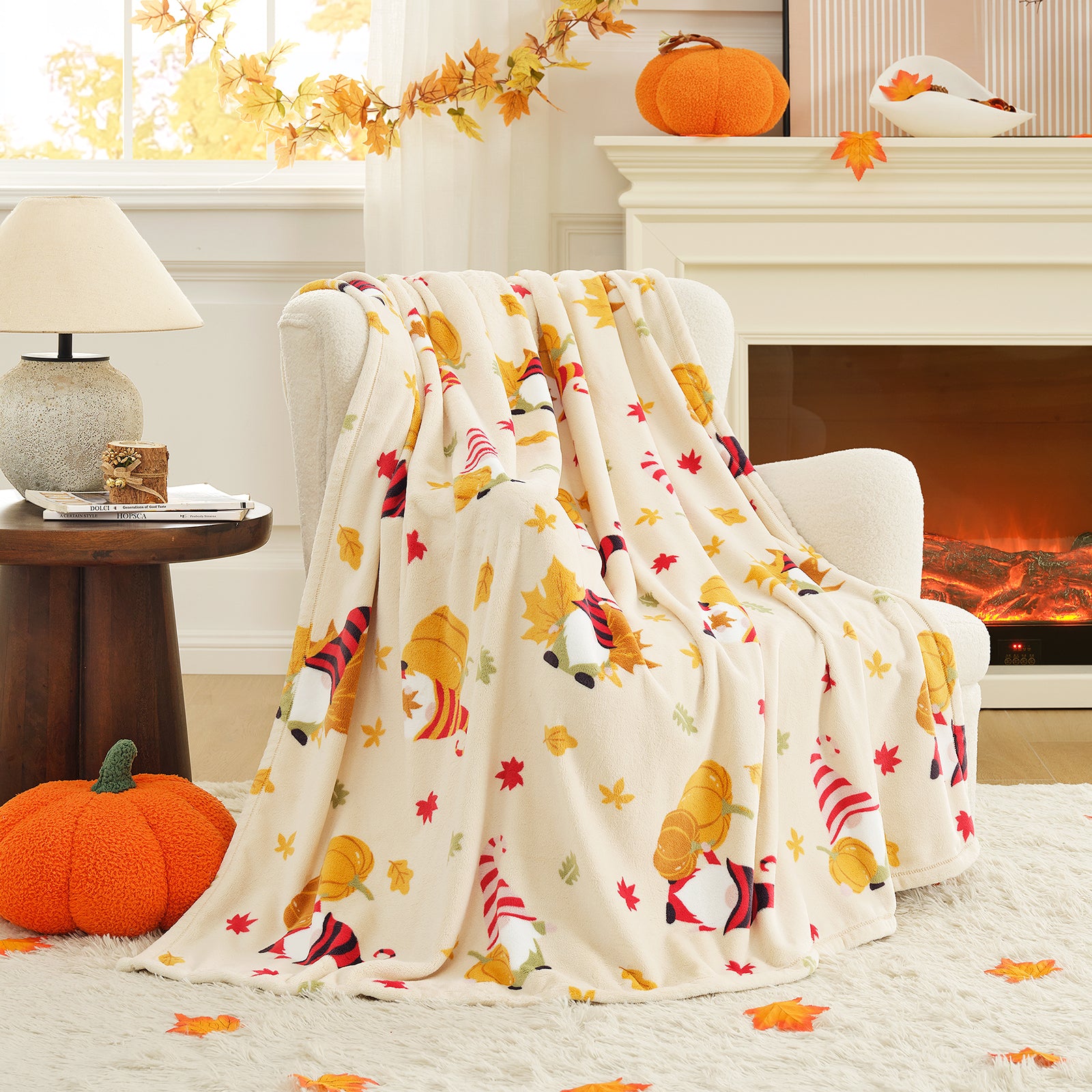 Decorative blanket with autumn-themed design on a chair in a cozy living room. #color_Pumpkin Gnome
