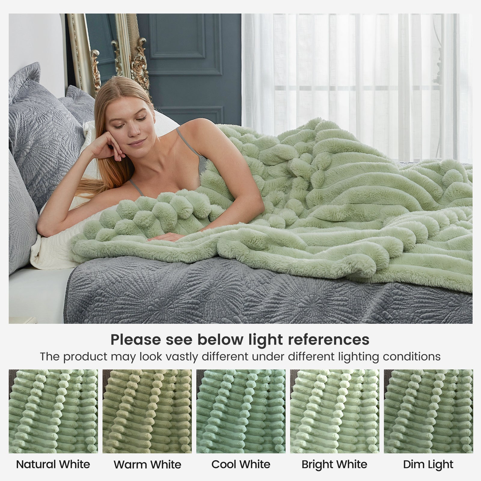 Cozy Bliss Mint Green Faux Fur Blanket on bed with woman, showing light variations. Soft cozy bedding. #color_Sage Green