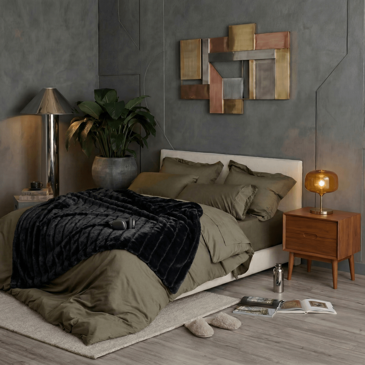 Cozy Bliss faux fur blanket styled on a modern bed, creating a cozy and moody bedroom atmosphere #color_Black