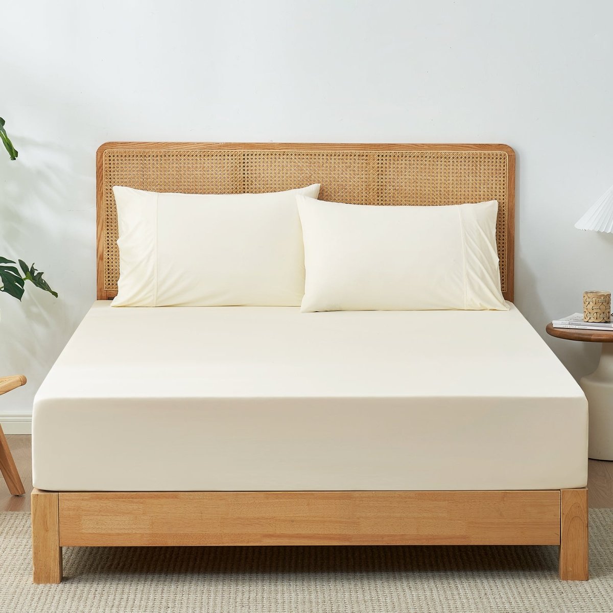 Cozy Bliss Cream-colored cooling fitted sheet set with pillowcases front view. #Color_Cream White