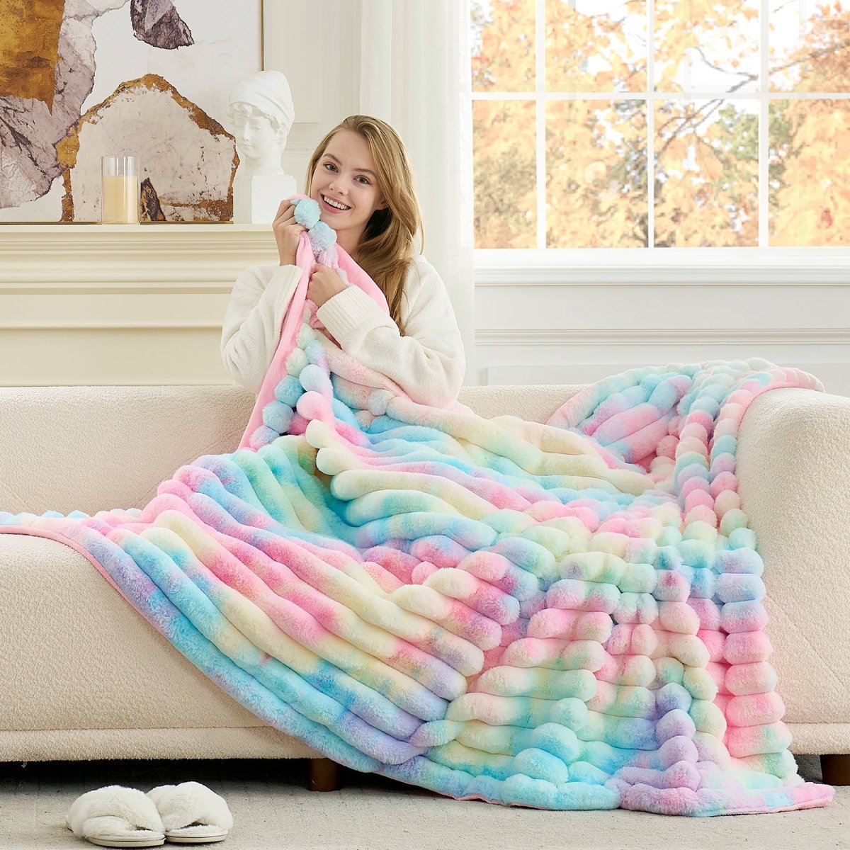Woman relaxing on sofa with Cozy Bliss tie-dye rainbow striped faux fur blanket. #color_Tie-dye Rainbow