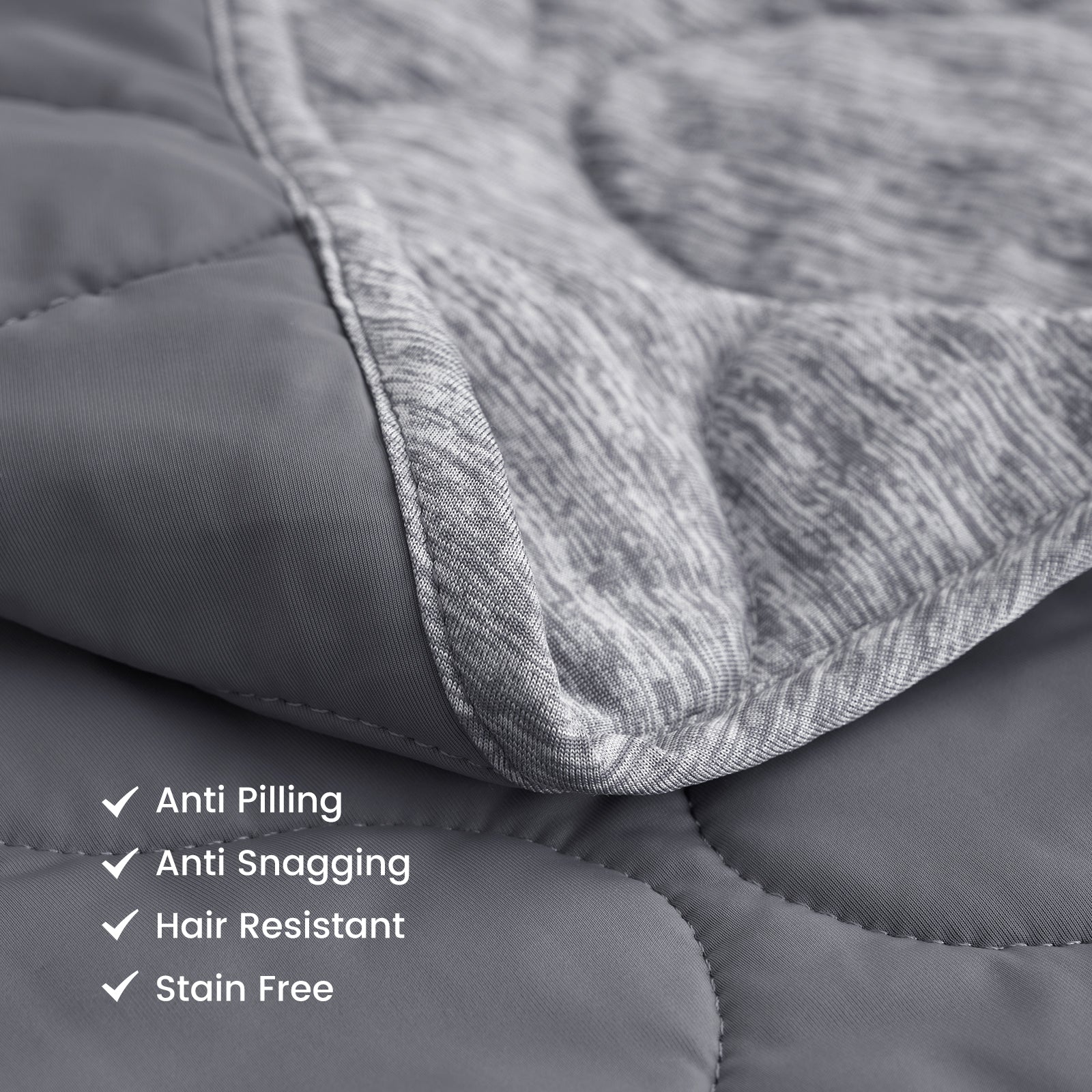 Cozy Bliss gray cooling blanket detail: anti-pilling, snagging, hair-resistant, stain-free features. #color_Charcoal Grey