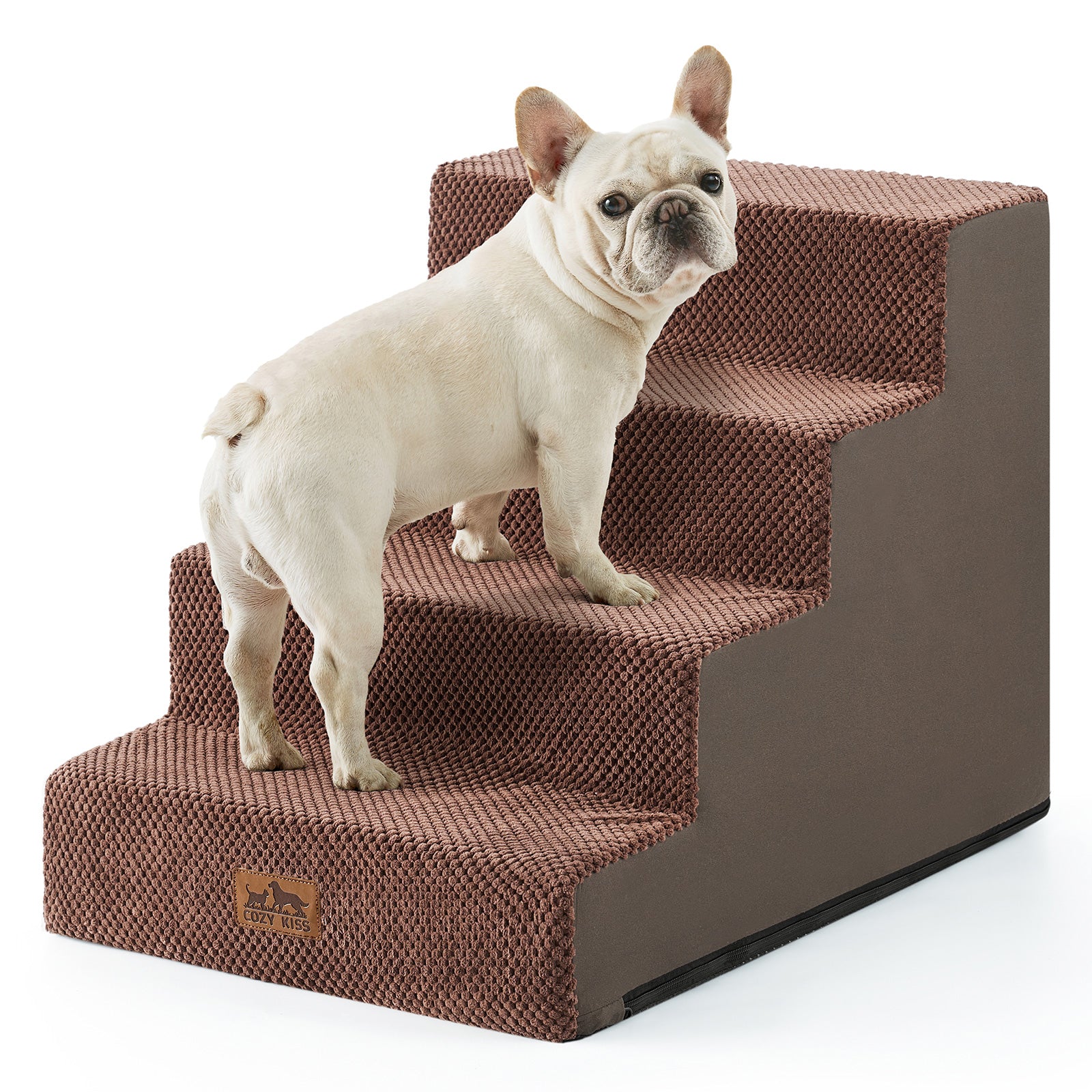 Cozy Bliss 4 Step Right-Angle Arthritis Prevention Foam Pet Stairs in brown with a dog stepping on it. #color_Brown