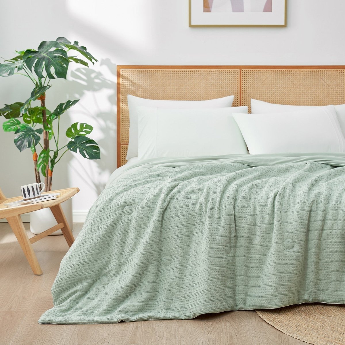 Sage Green Sorona® Natural Fiber Waffle Cooling Comforter front view.#color_Sage Green