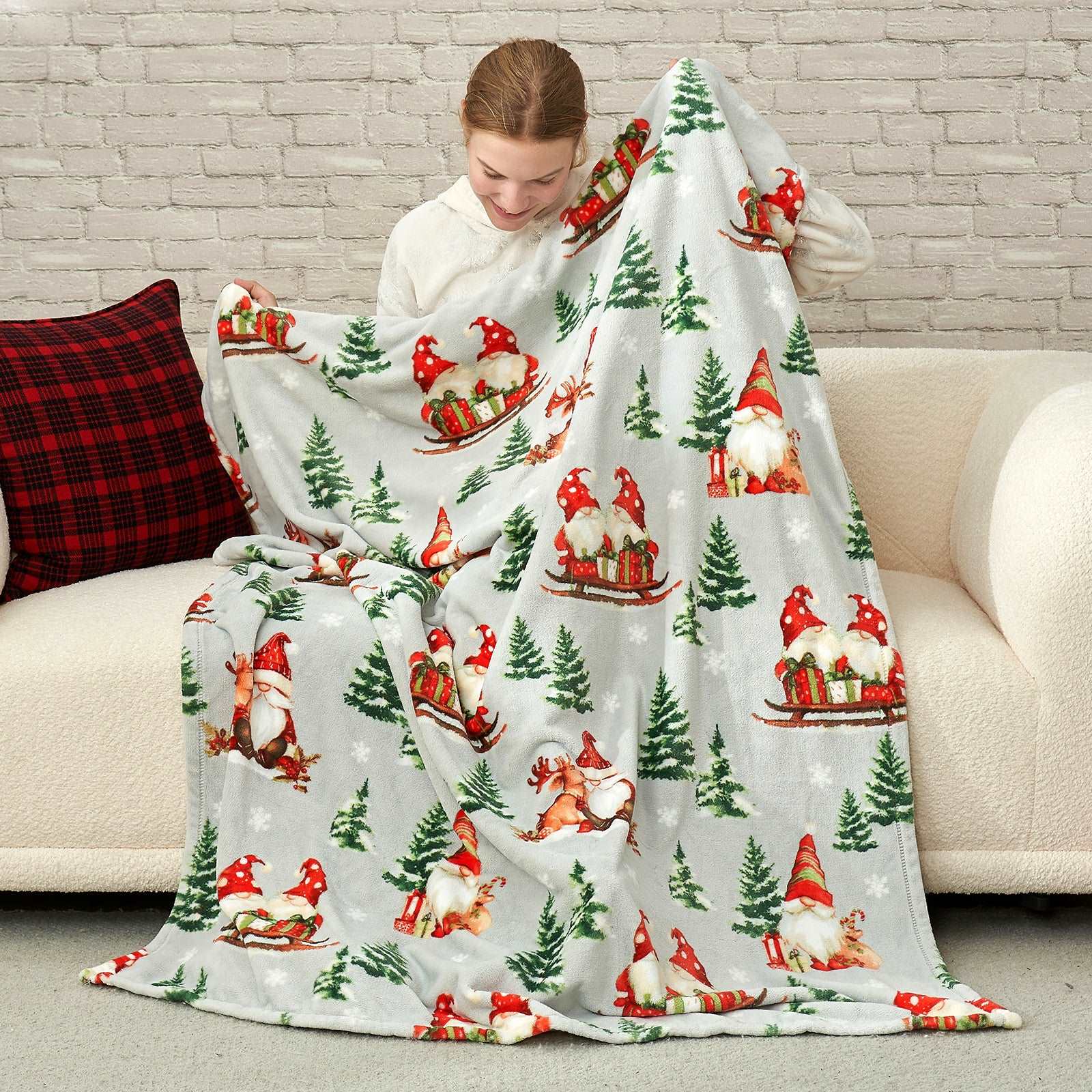 Cozy Christmas blanket with gnomes, trees, and snowflakes, ultra-soft cooling blanket #color_ Gnome in Sleigh