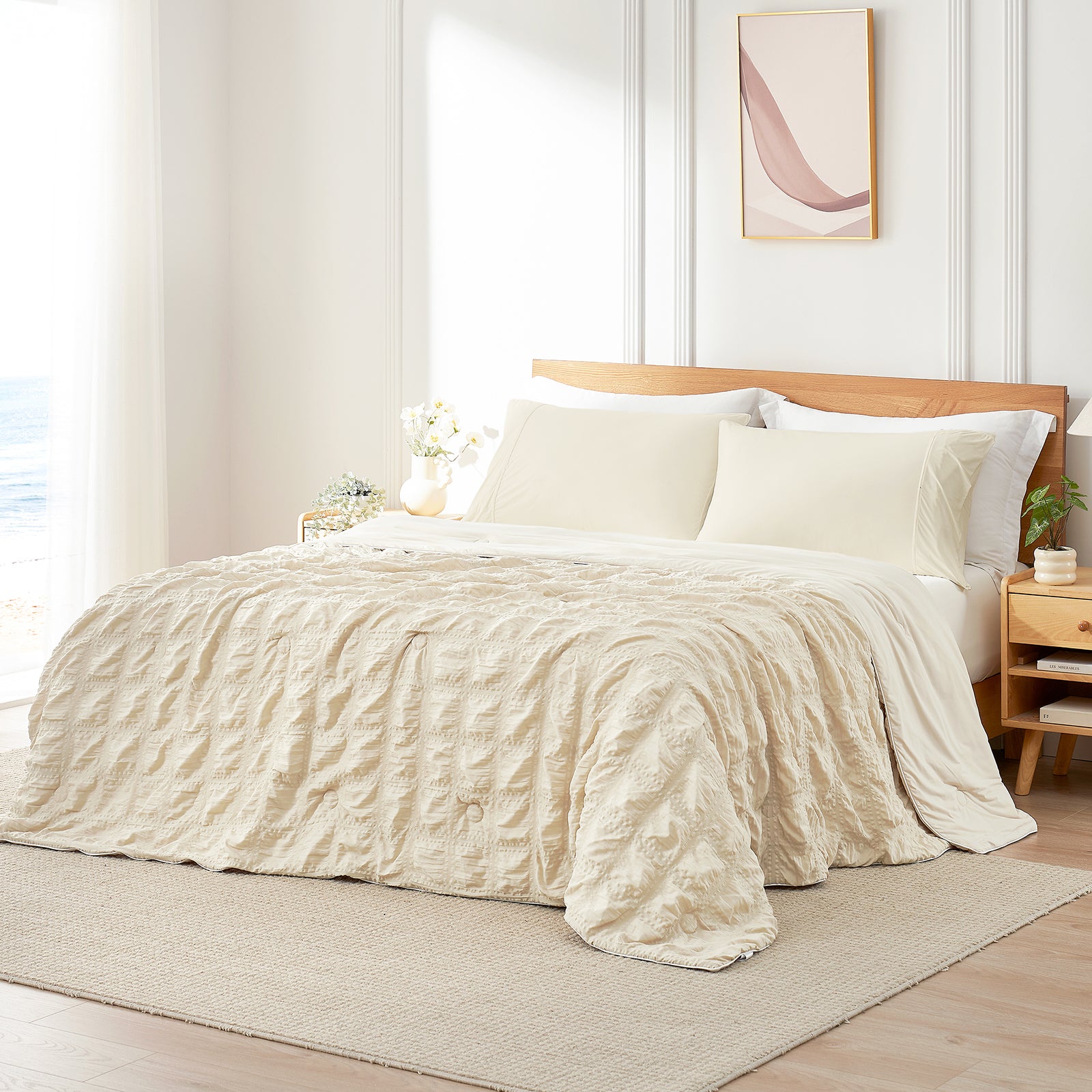 Neatly made bed with beige bedding in a bright bedroom. #color_Khaki