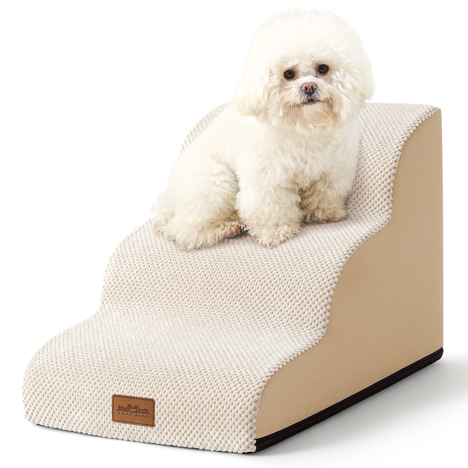 Small white dog sitting on a beige 3-Step pet stairs with a textured surface.#Color_Beige